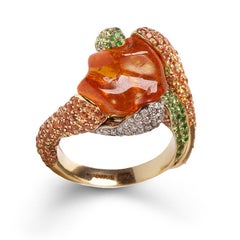 18K Gold Ring with Uncut Garnet, Tsavorites, Diamonds and Orange Sapphires