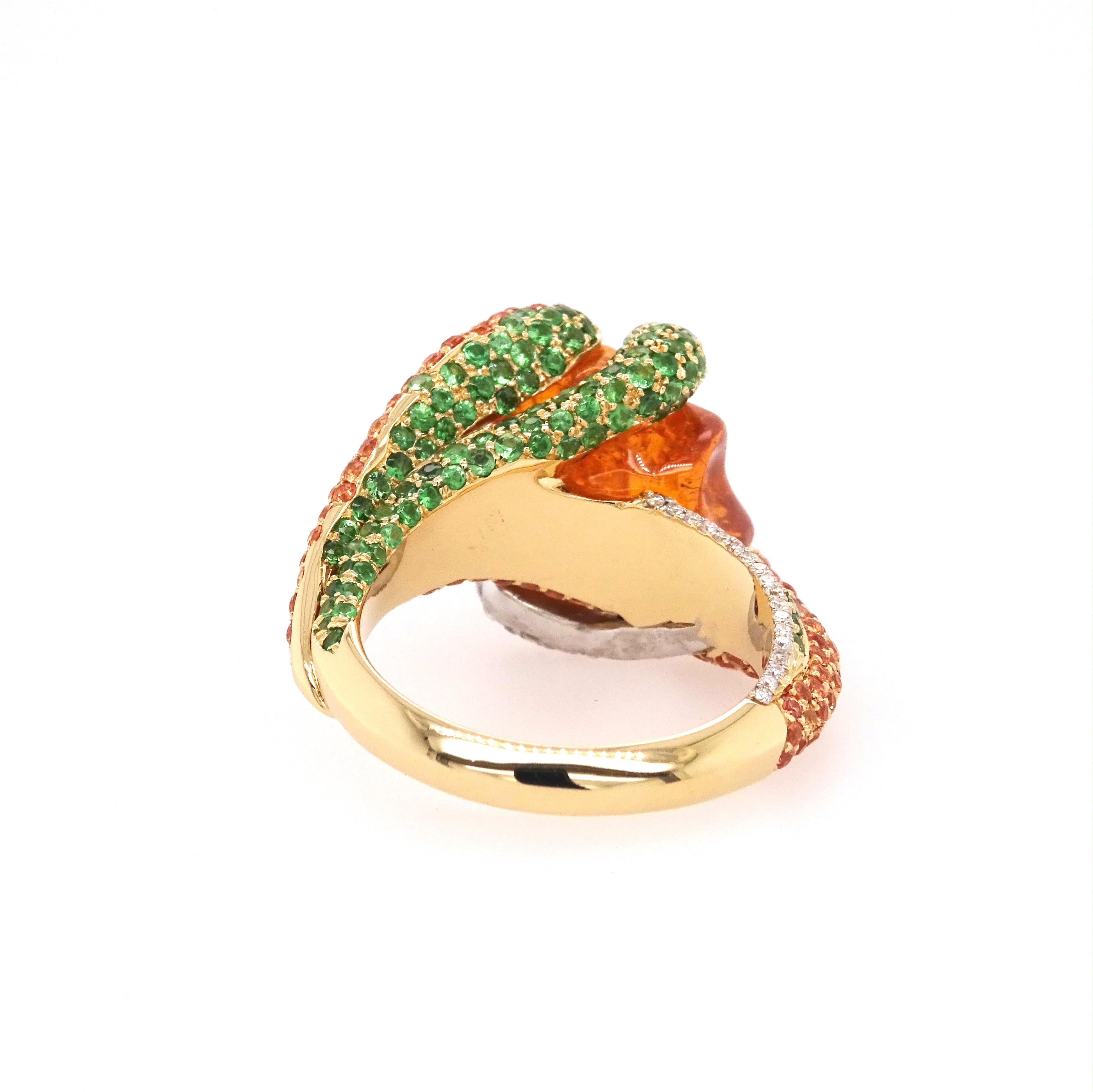 Women's 18K Gold Ring with Uncut Garnet, Tsavorites, Diamonds and Orange Sapphires For Sale