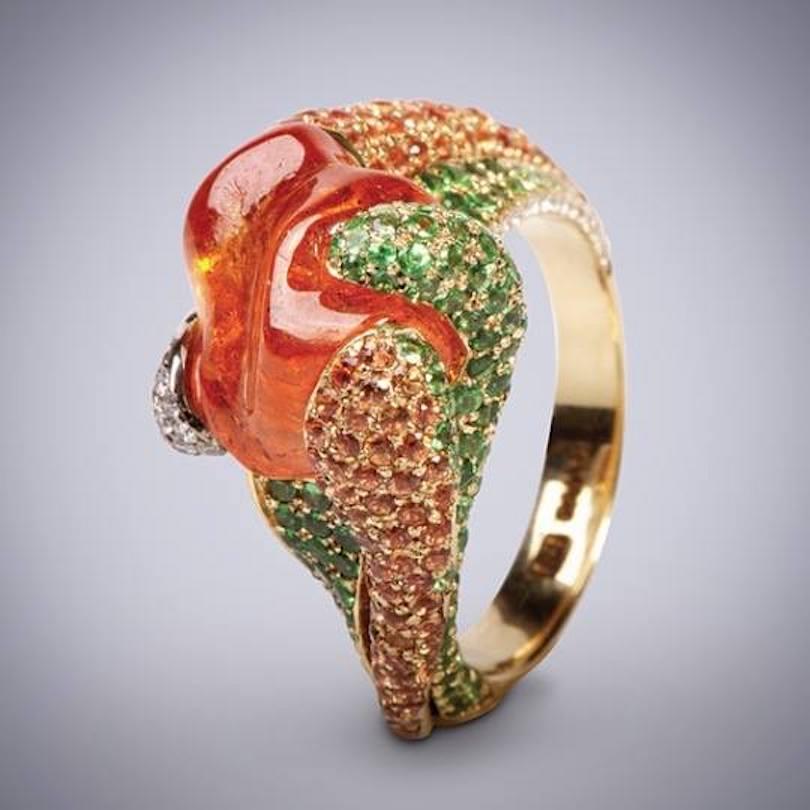 18K Gold Ring with Uncut Garnet, Tsavorites, Diamonds and Orange Sapphires For Sale 1