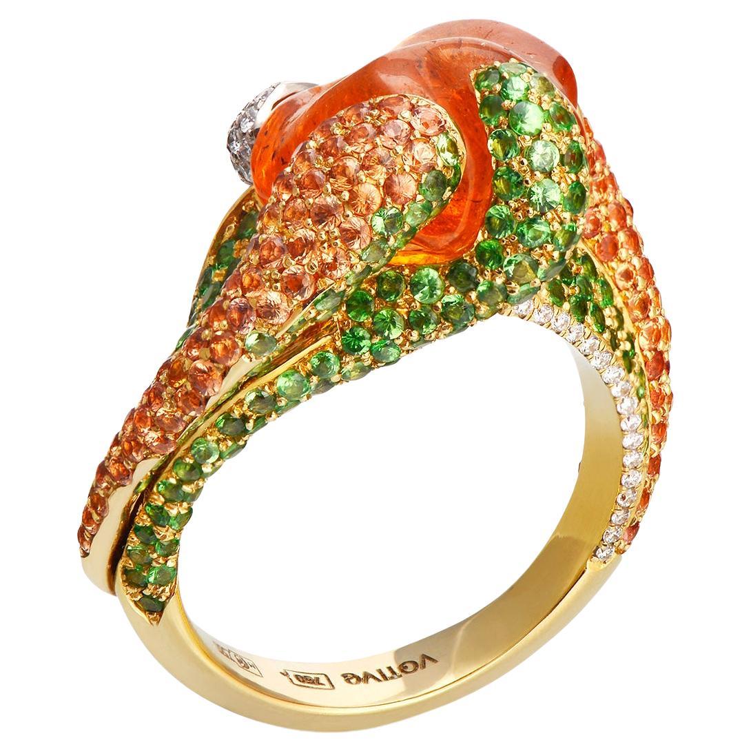 18 Karat Gold Ring mit ungeschliffenem Granat, Tsavorit, Diamanten und orangefarbenen Saphiren