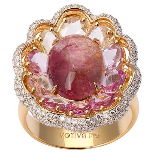 18K Gold Ring with White Diamonds, Fancy Sapphires and a Centre Pink Tourmaline
