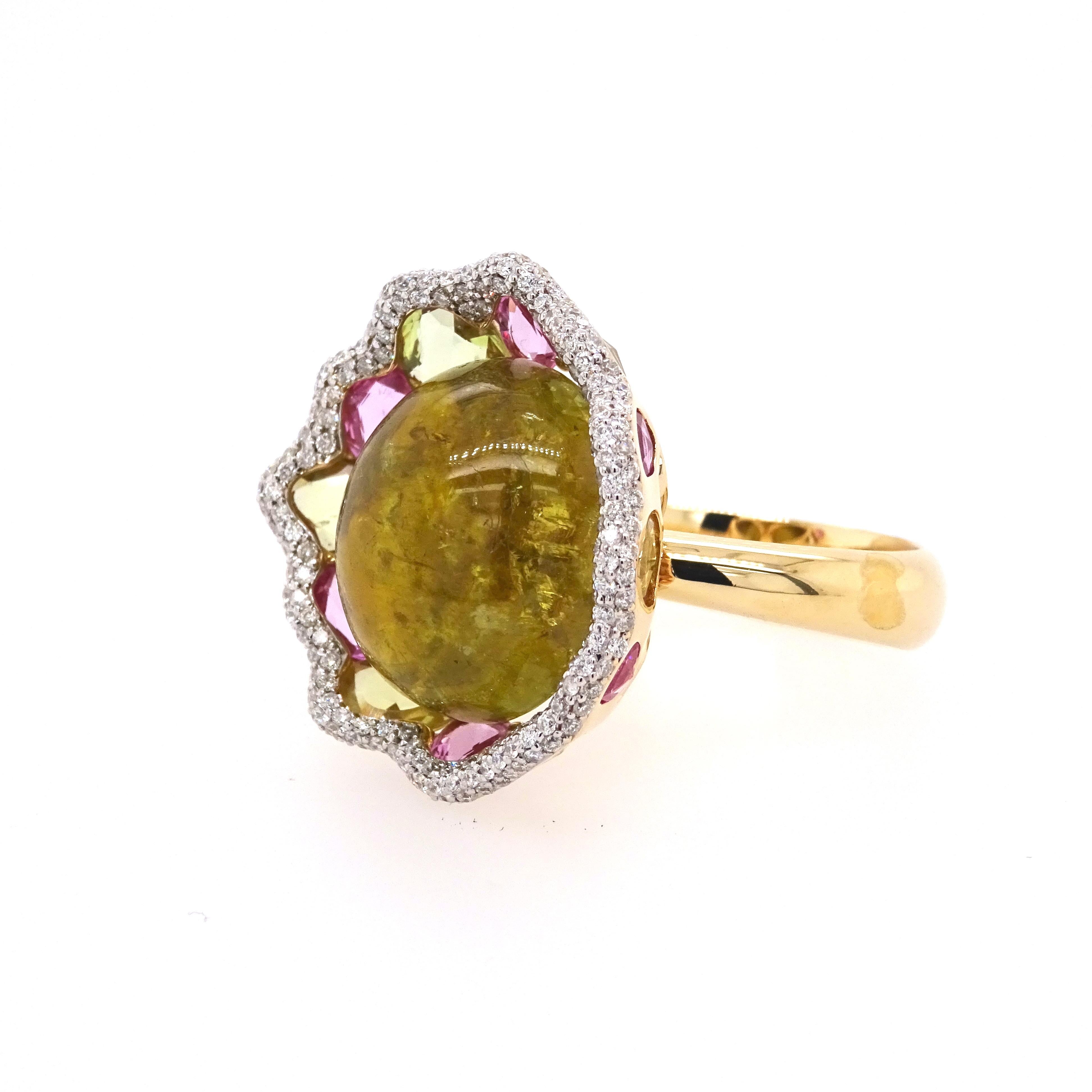 Uncut 18K Gold Ring with White Diamonds, Fancy Sapphires and a Centre Tourmaline For Sale