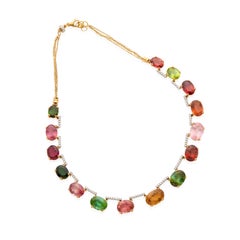 18k Gold Riviere Necklace w 115 Carat Tourmaline & 0.8 Carat Diamond, 17.75 Inch