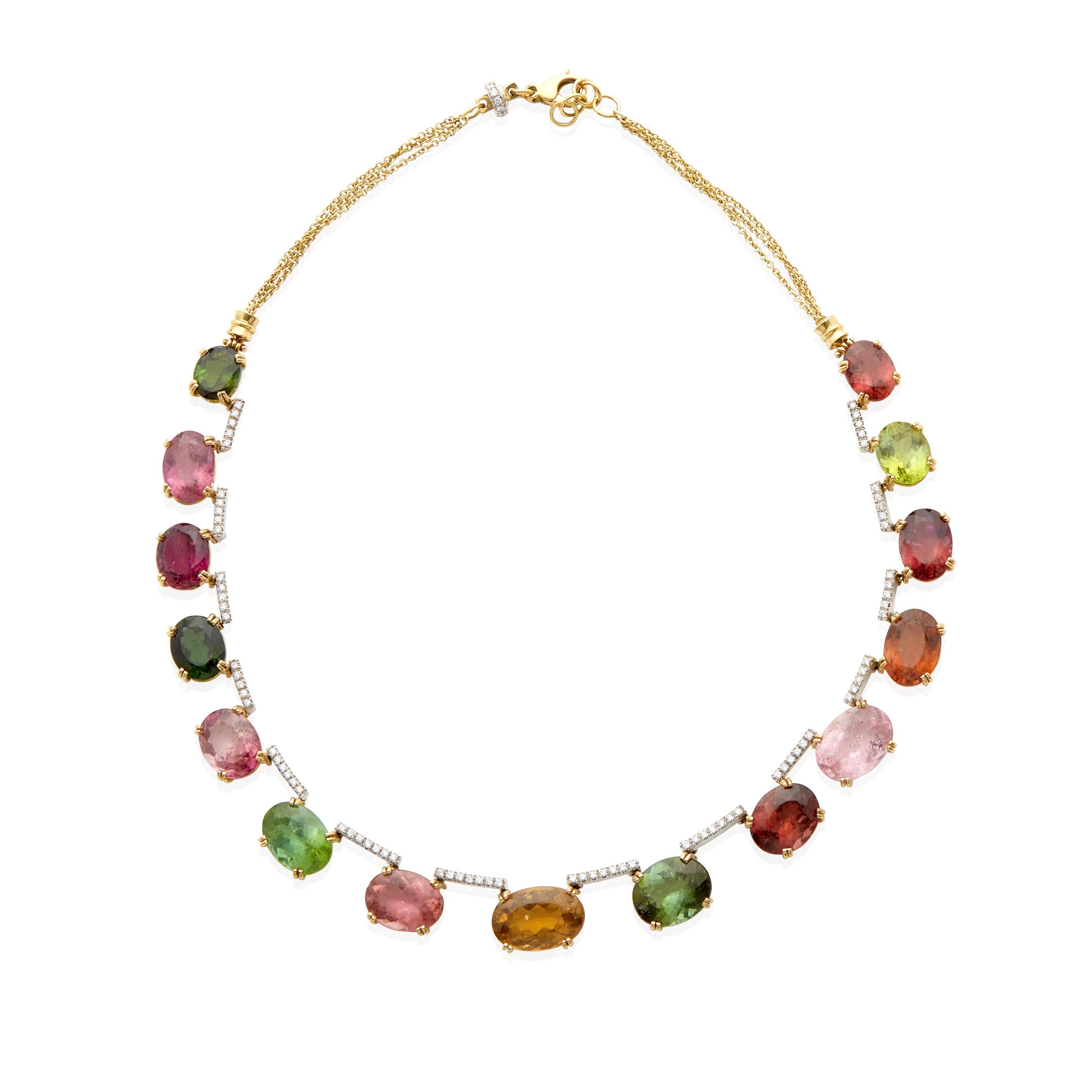 18 Karat Gold Riviere-Halskette mit 115 Karat Turmalin & 0,8 Karat Diamant, 17,75 Zoll (Ovalschliff) im Angebot