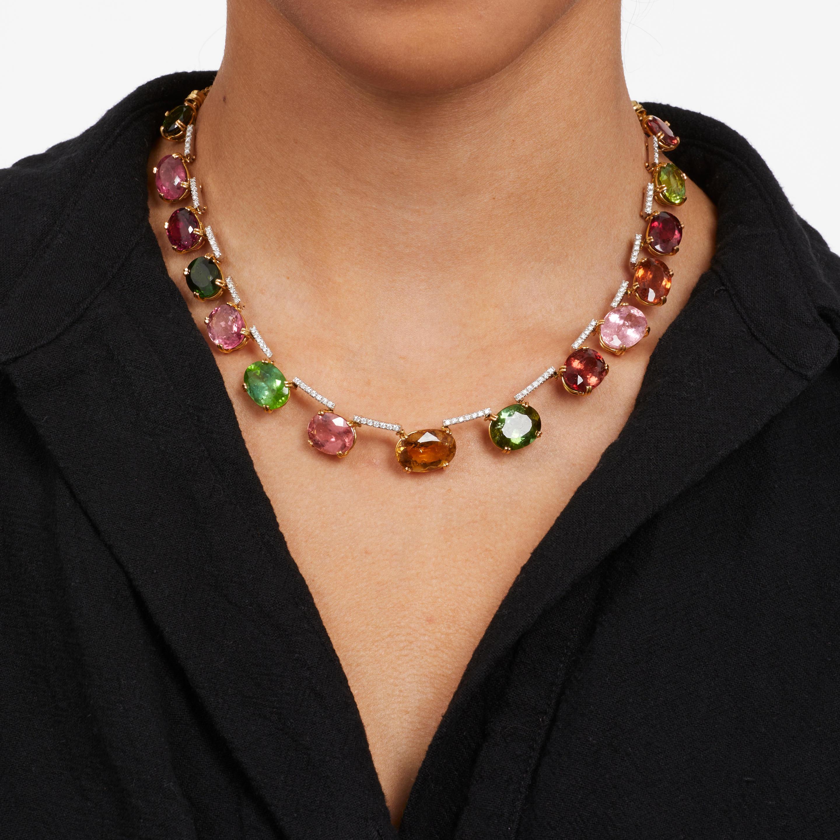 18 Karat Gold Riviere-Halskette mit 115 Karat Turmalin & 0,8 Karat Diamant, 17,75 Zoll für Damen oder Herren im Angebot