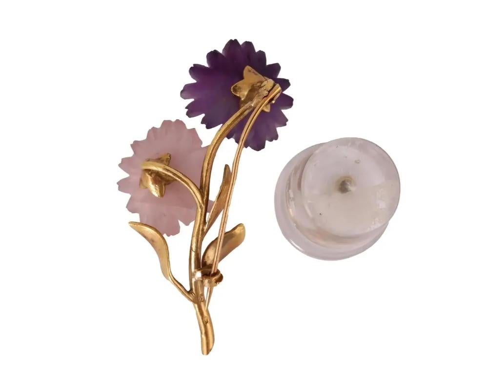 Round Cut 18K Gold Rock Crystal, Rose Quartz, Amethyst Miniature Flower Pot Brooch For Sale