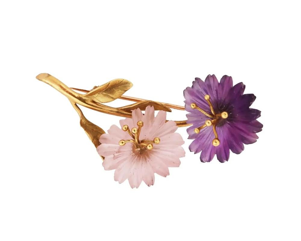 18K Gold Rock Crystal, Rose Quartz, Amethyst Miniature Flower Pot Brooch In Good Condition For Sale In New York, NY