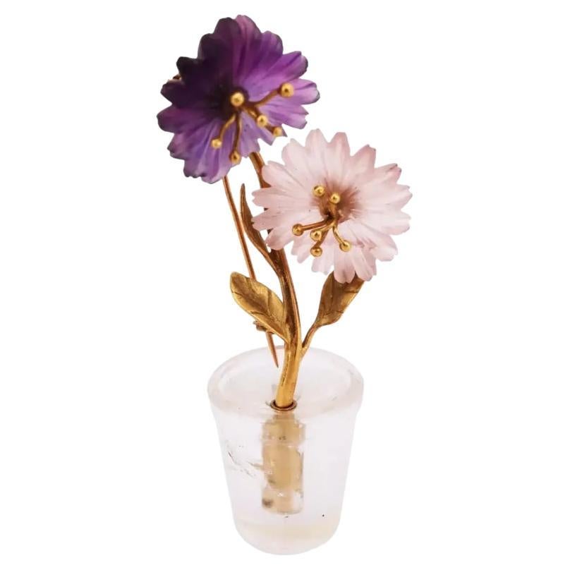 18K Gold Rock Crystal, Rose Quartz, Amethyst Miniature Flower Pot Brooch For Sale