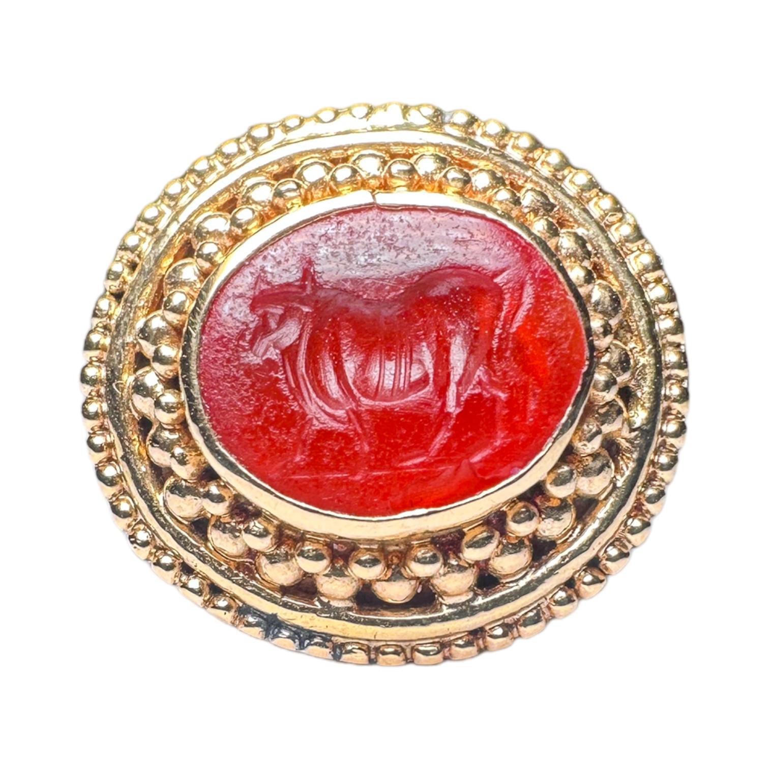 Women's or Men's 18K Gold Roman Intaglio Ring with Bull Signet For Sale
