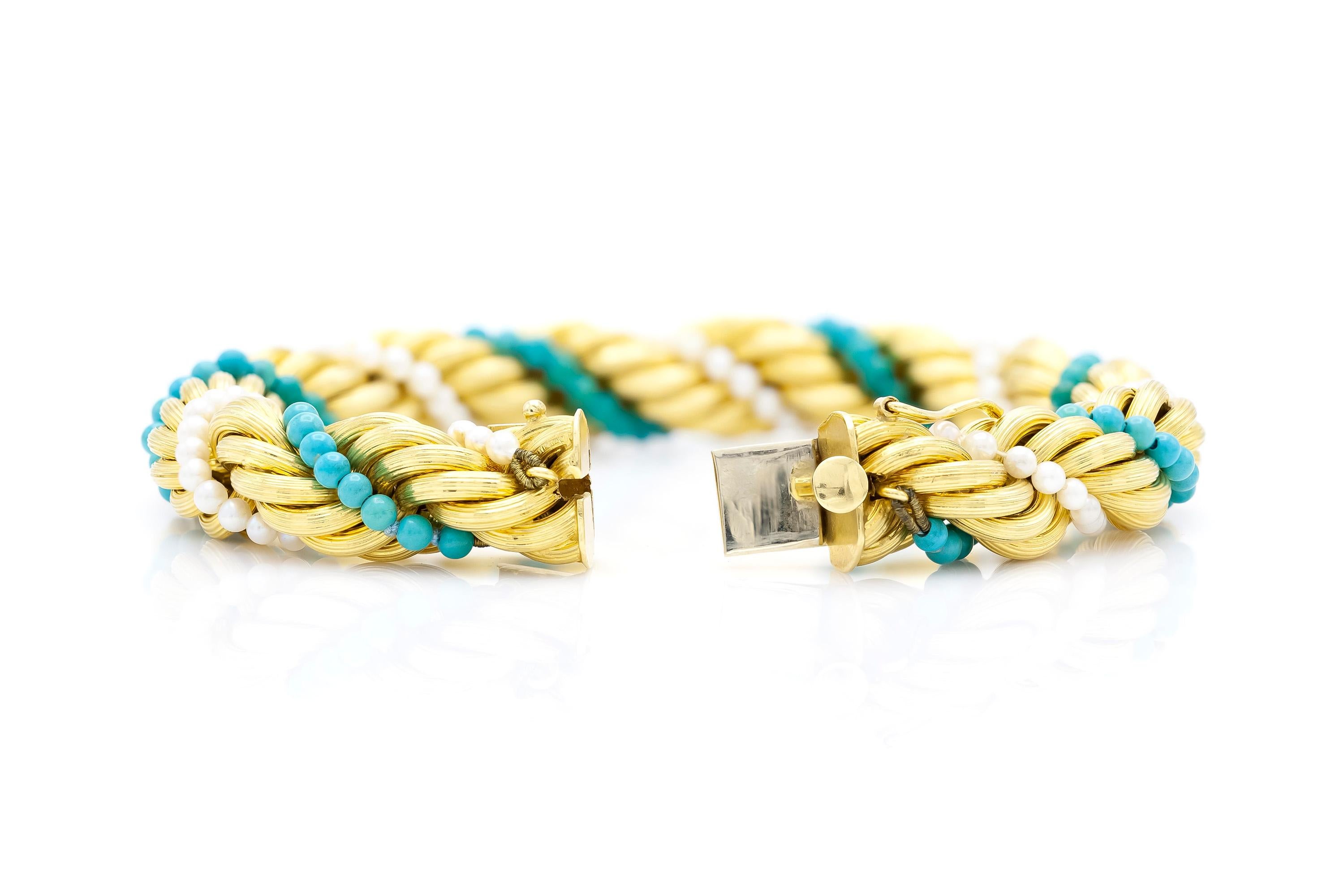 Bead 18K Gold Rope Chain Bracelet with Turquoises and Pearls For Sale