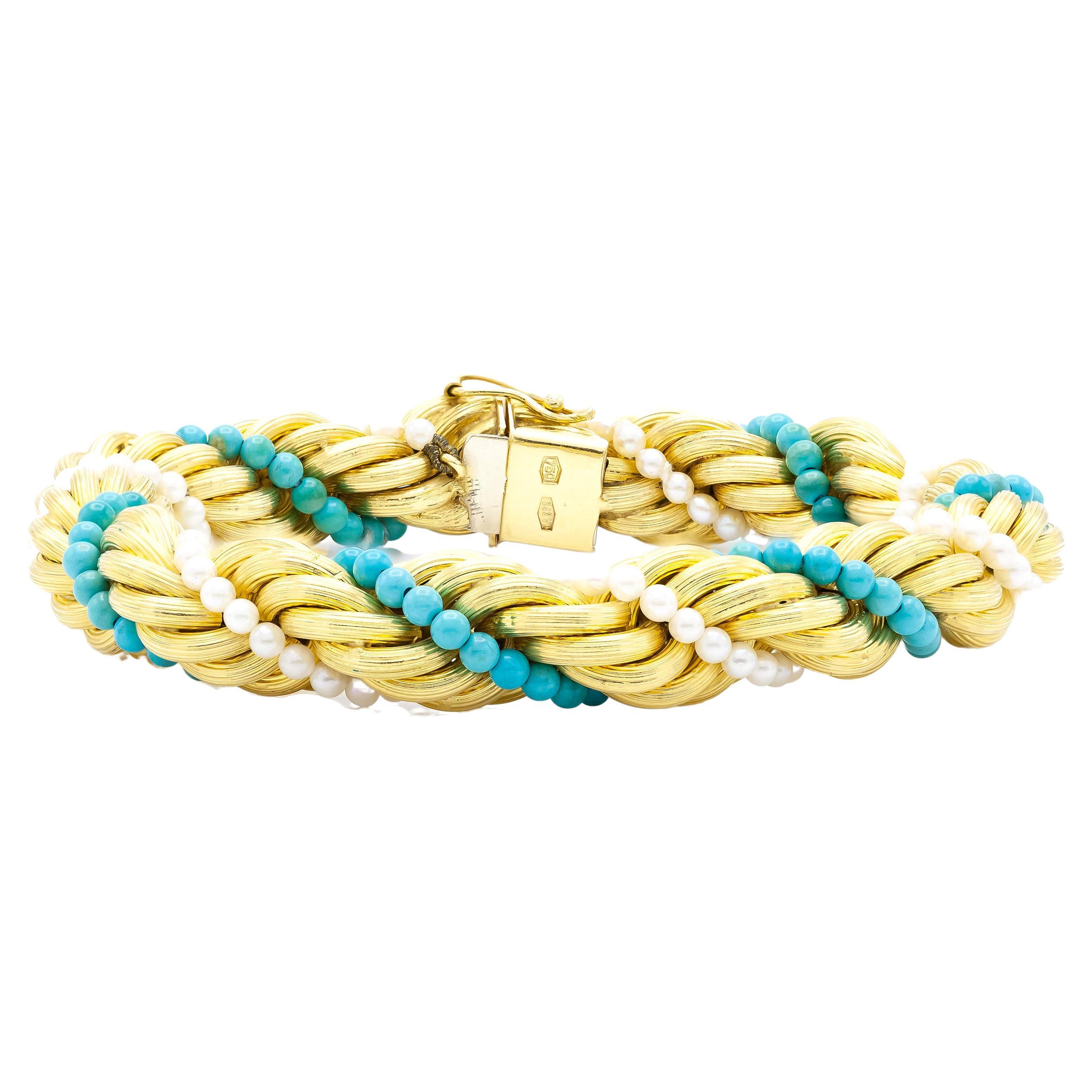 18K Gold Rope Chain Bracelet with Turquoises and Pearls For Sale