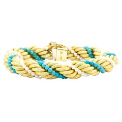 Vintage 18K Gold Rope Chain Bracelet with Turquoises and Pearls