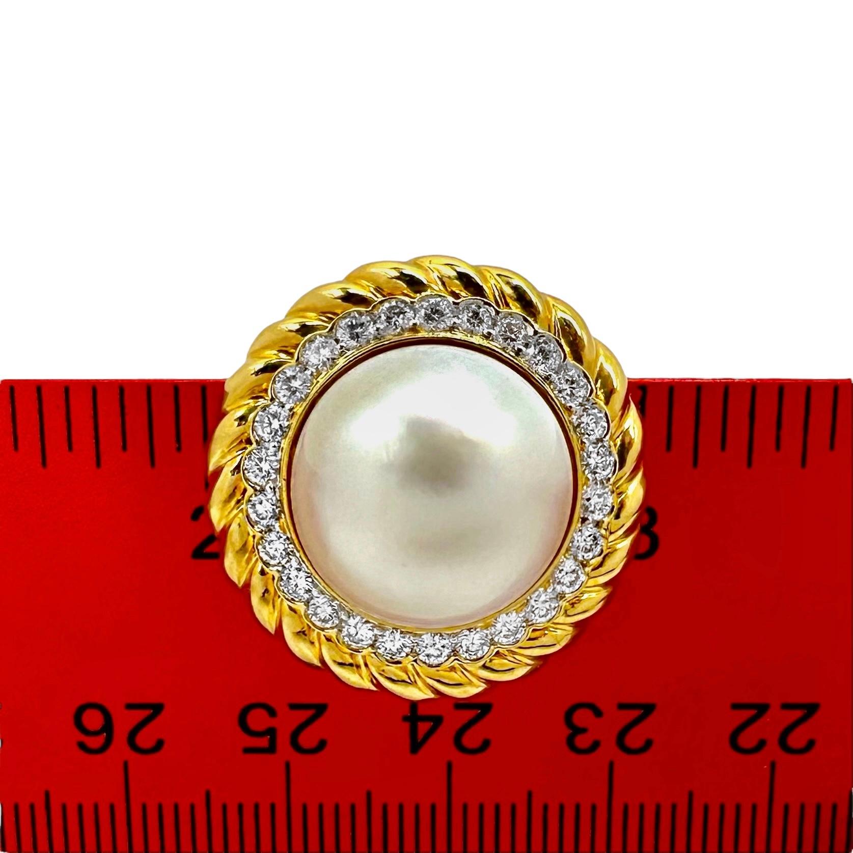18K Gold Rope Edge Earrings with Diamonds & 16mm Mabe Pearls 1 Inch Diameter For Sale 1