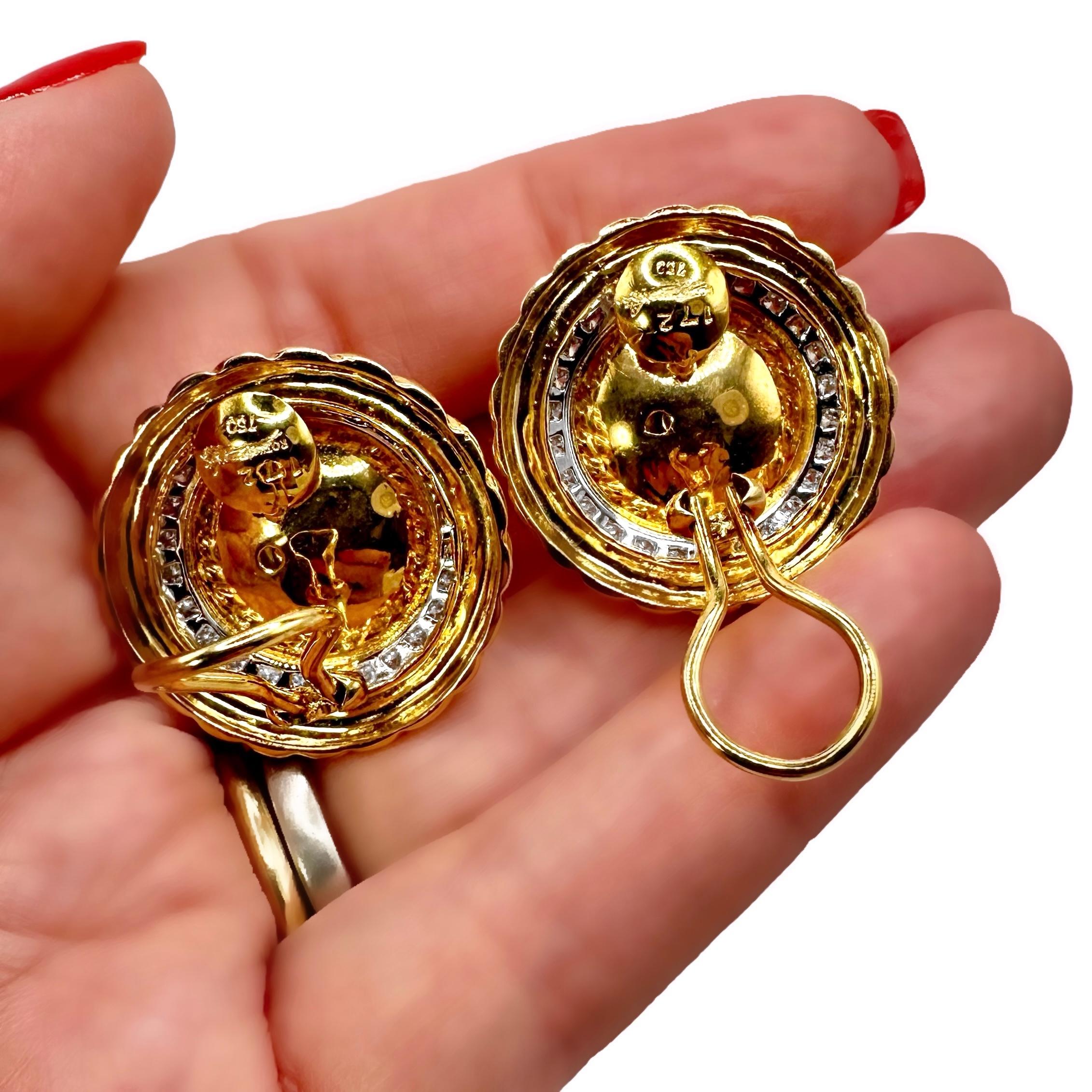 18K Gold Rope Edge Earrings with Diamonds & 16mm Mabe Pearls 1 Inch Diameter For Sale 2