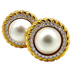 18K Gold Rope Edge Earrings with Diamonds & 16mm Mabe Pearls 1 Inch Diameter