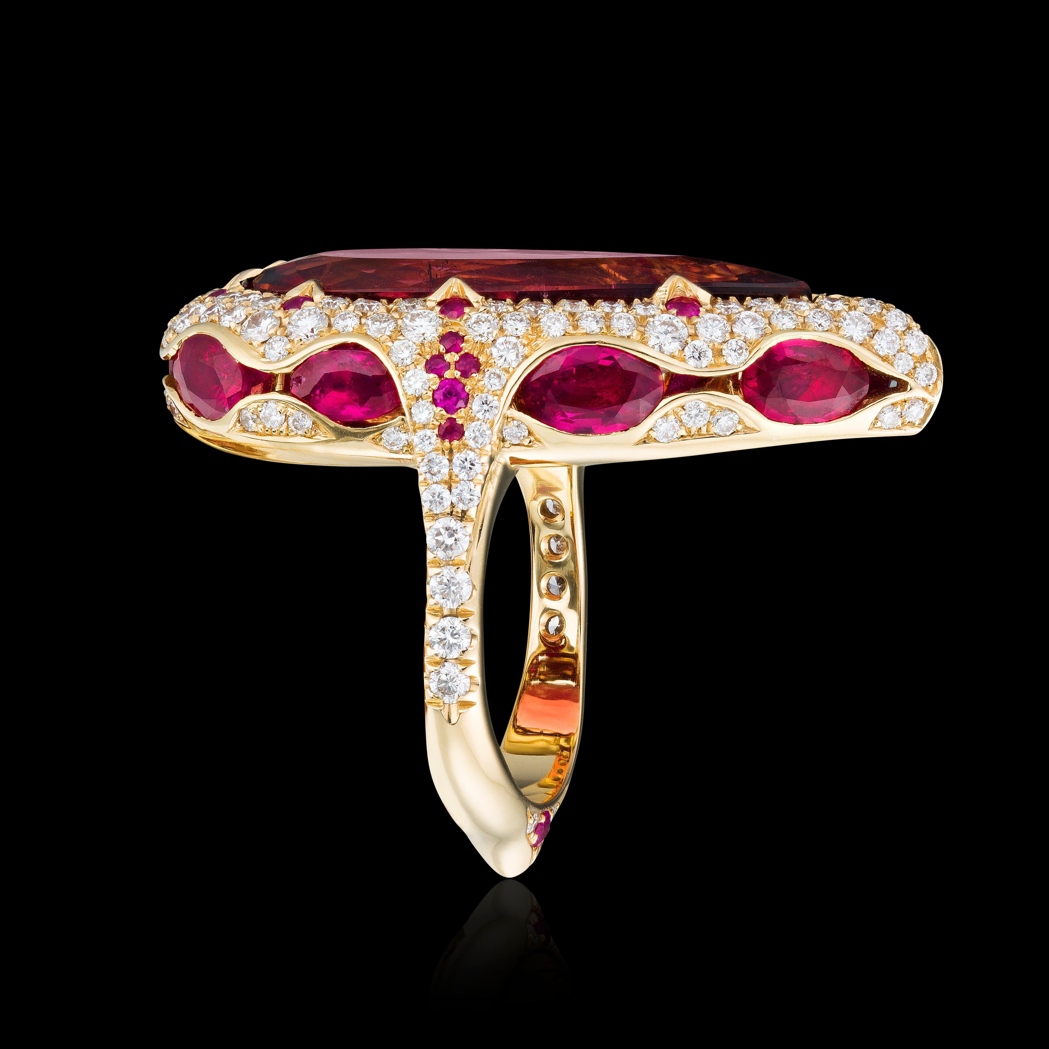 Red tourmaline, rubellite, set in a 3D nest of diamonds and rubies
