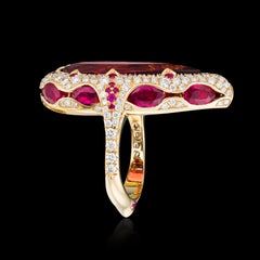 18K Gold Rose 13.51 Carat Rubellite Ruby, Red Tourmaline Diamond Ring