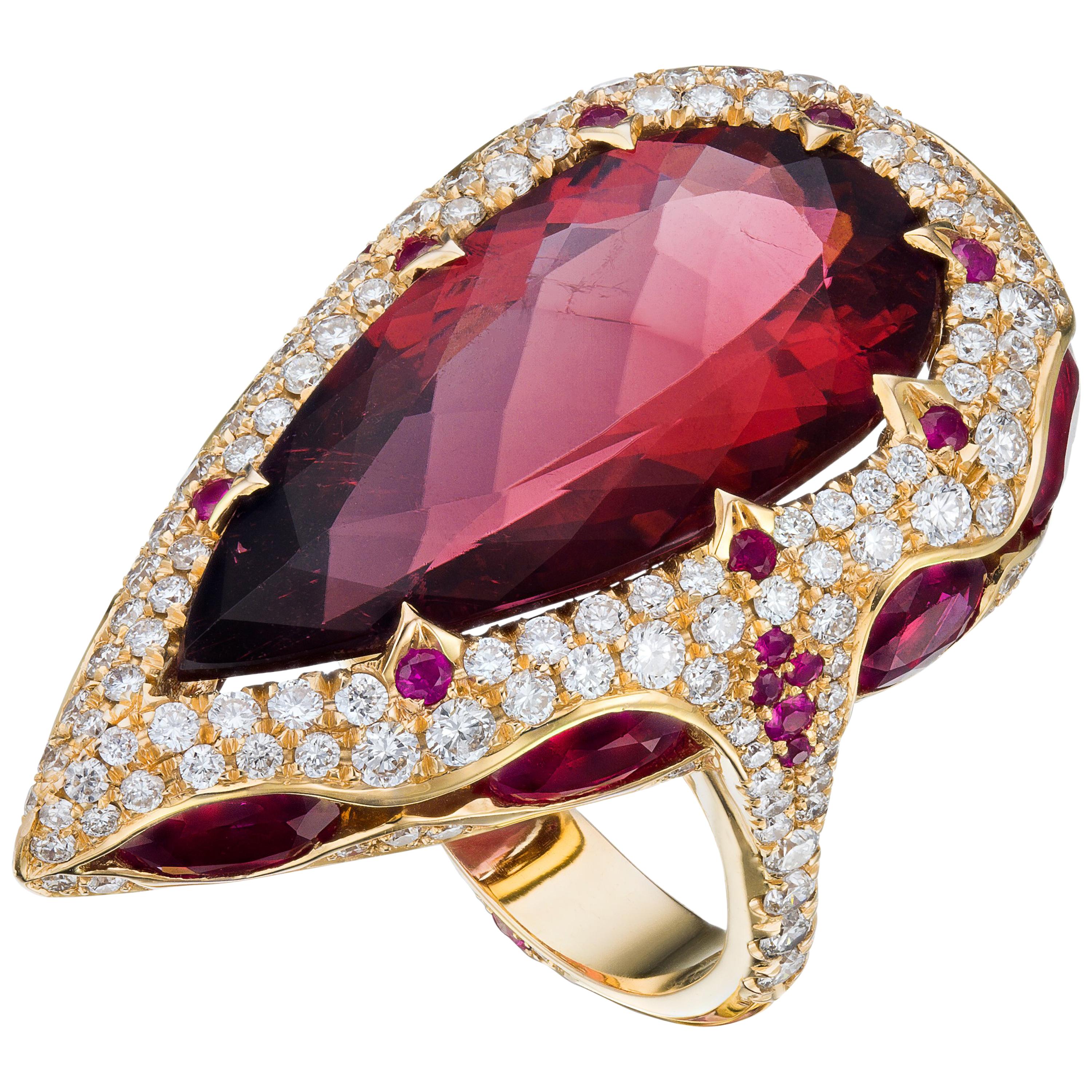 18K Gold Rose 13.51 Carat Rubellite Ruby, Red Tourmaline Diamond Ring For Sale