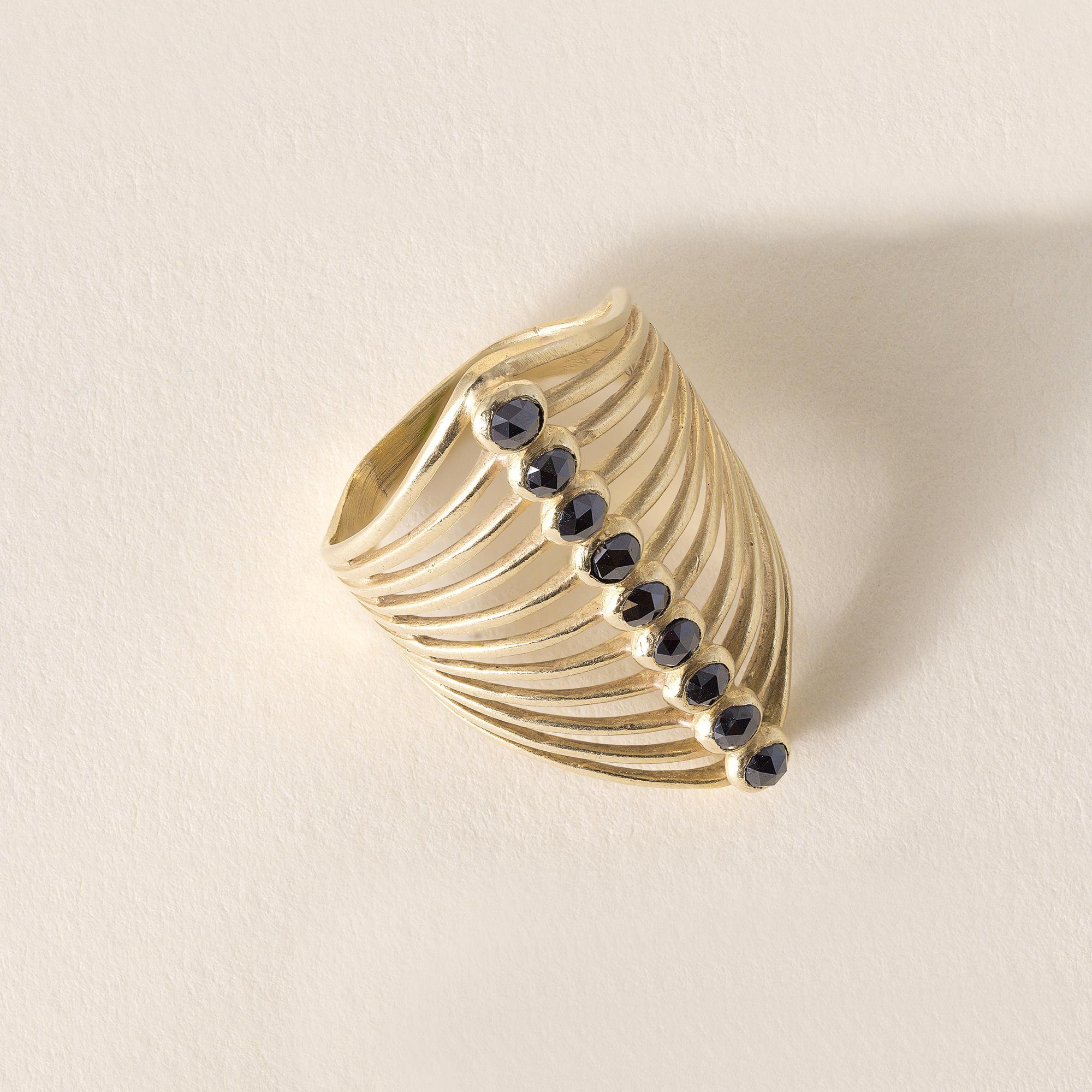 This is vintage ring featuring black diamonds bezel set in an elongated 18k gold ring
Details
9 rose cut black diamonds weigh ~0.90 carats
1.4 inch length
Ring size 8.75
LF and 750 stamped in shank
11.1 grams 18K gold