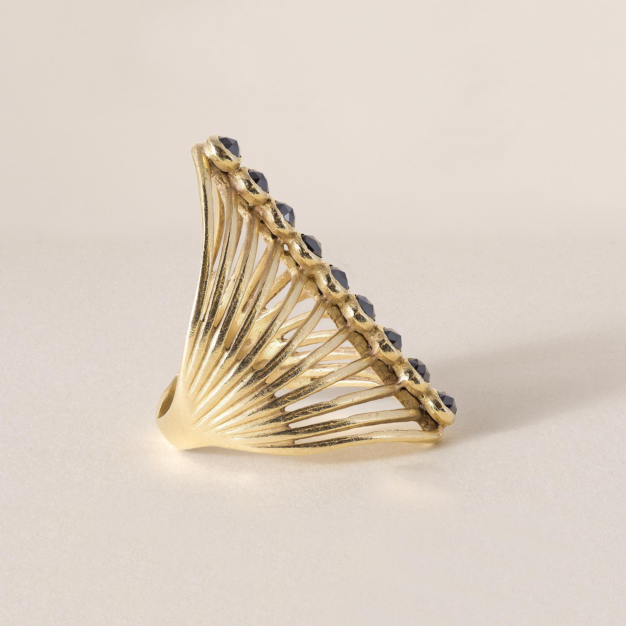 18K Gold Rose Cut Black Diamond Bezel Set Elongated Ring In Good Condition For Sale In Los Angeles, CA