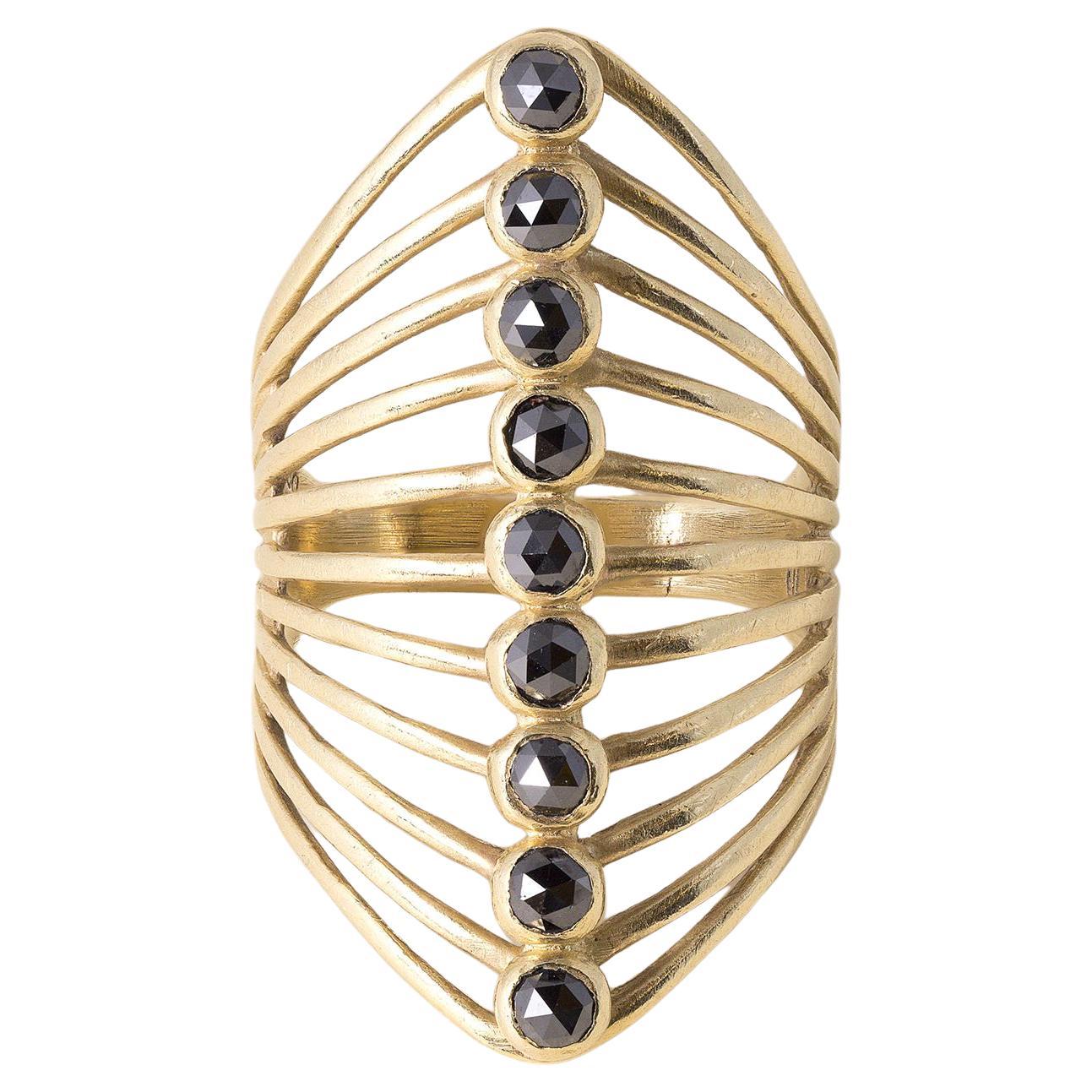 18K Gold Rose Cut Black Diamond Bezel Set Elongated Ring For Sale