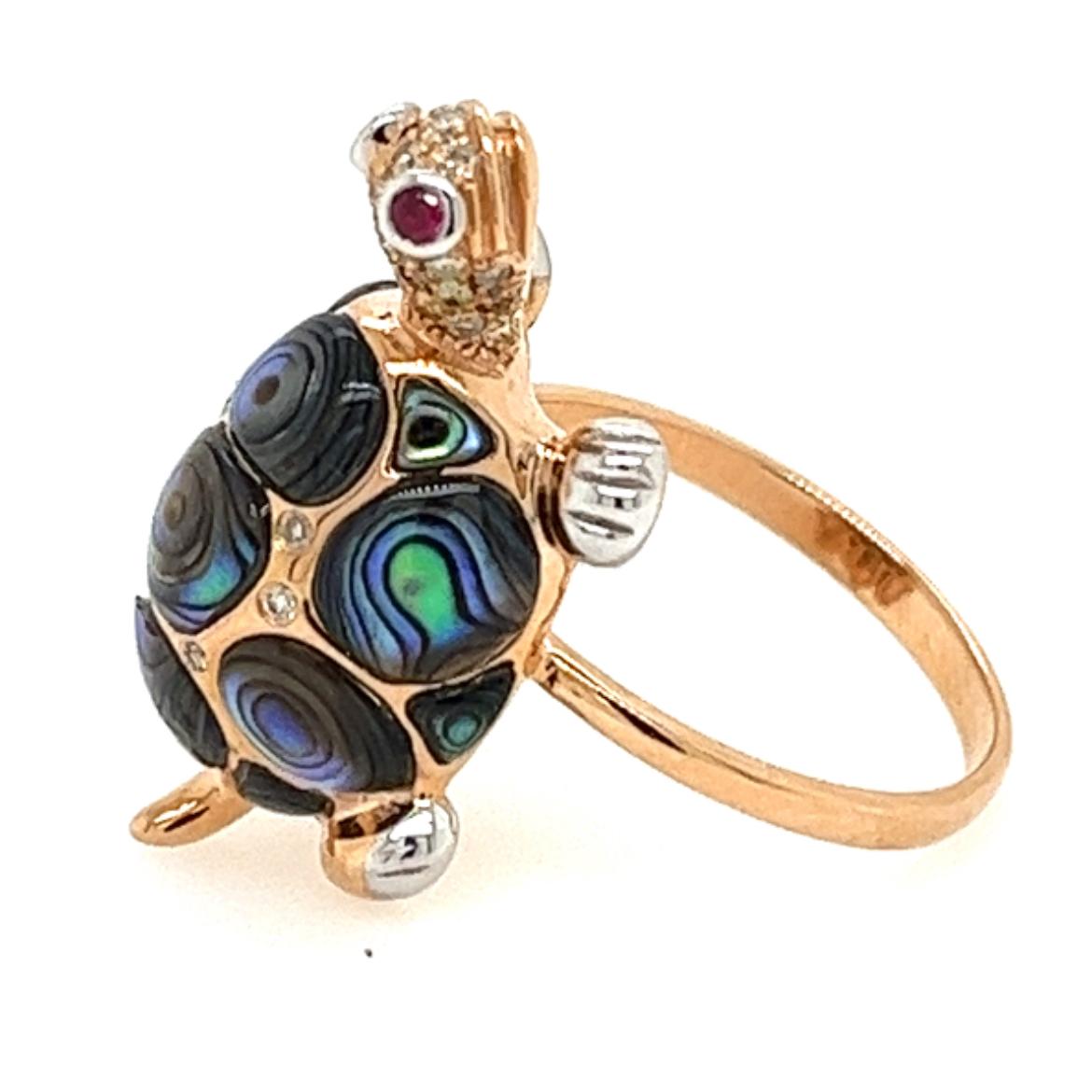 Modern 18K Gold Rose Gold Abalone Shell Turtle Ring with Diamonds For Sale
