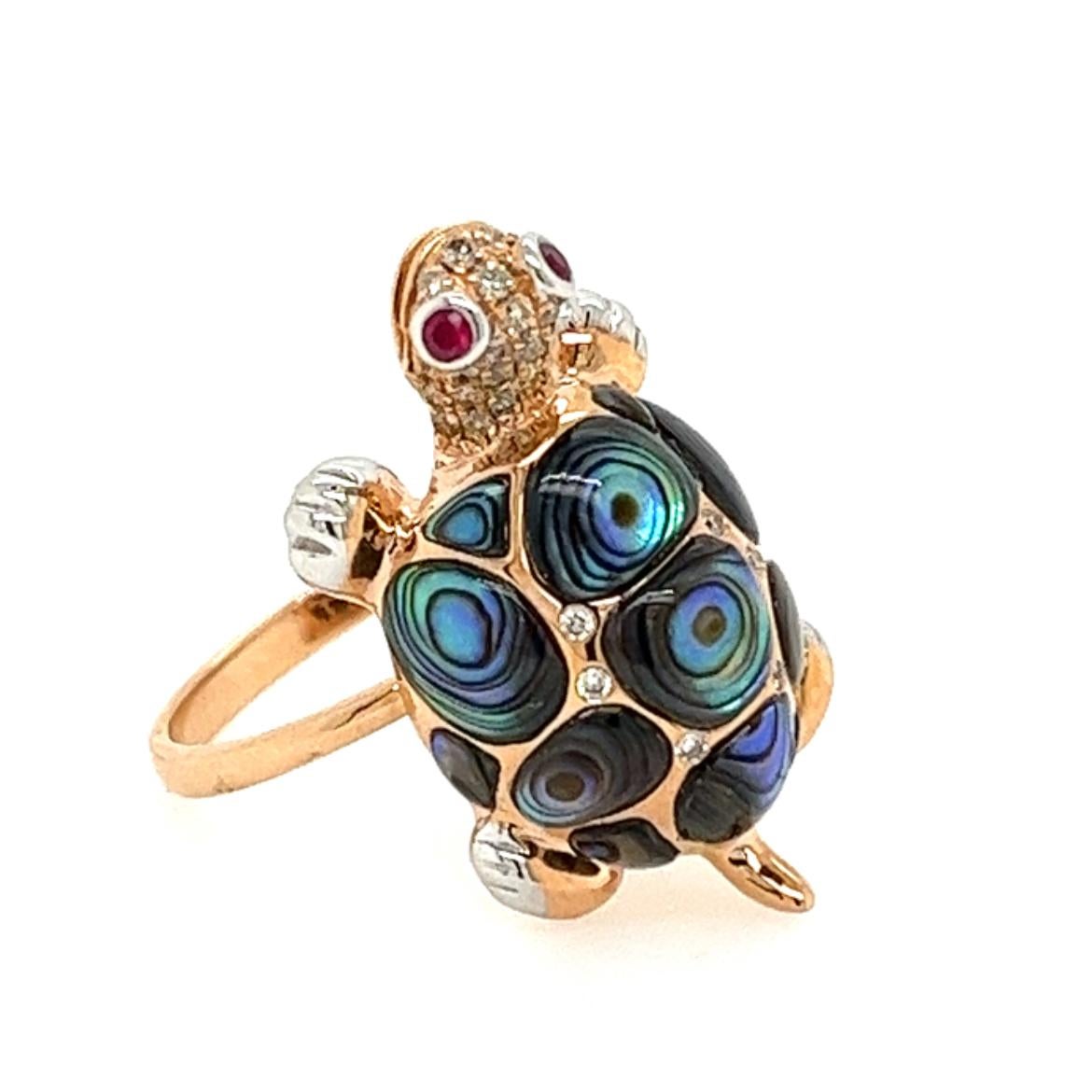 Round Cut 18K Gold Rose Gold Abalone Shell Turtle Ring with Diamonds