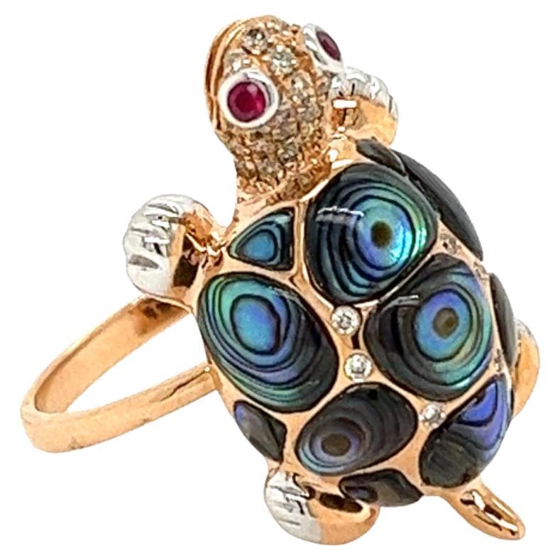 18K Gold Rose Gold Abalone Shell Turtle Ring with Diamonds For Sale