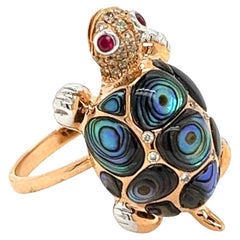 18K Gold Rose Gold Abalone Shell Turtle Ring with Diamonds