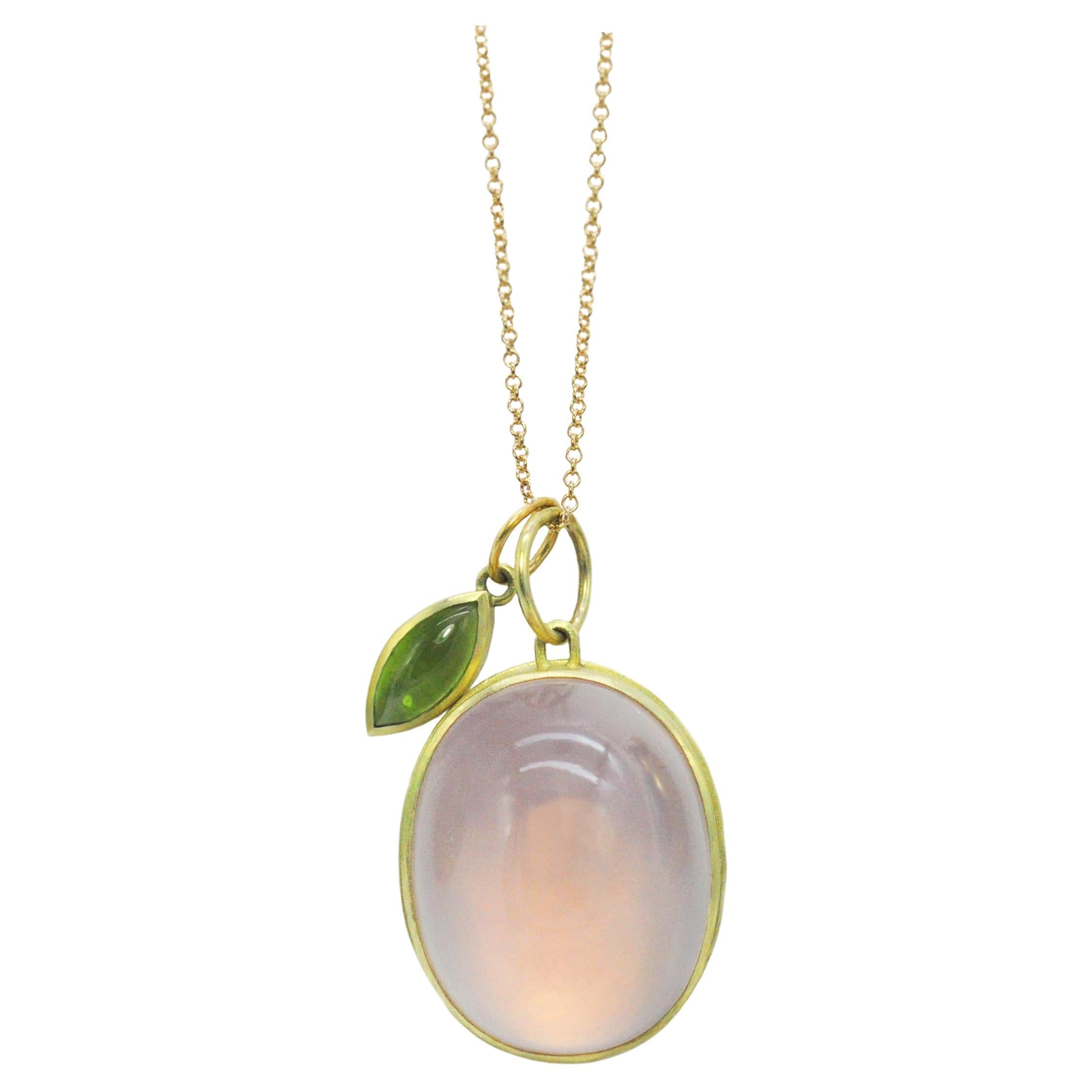 18k Gold Rose Quartz and Green Tourmaline Botanical Charm Necklace For Sale