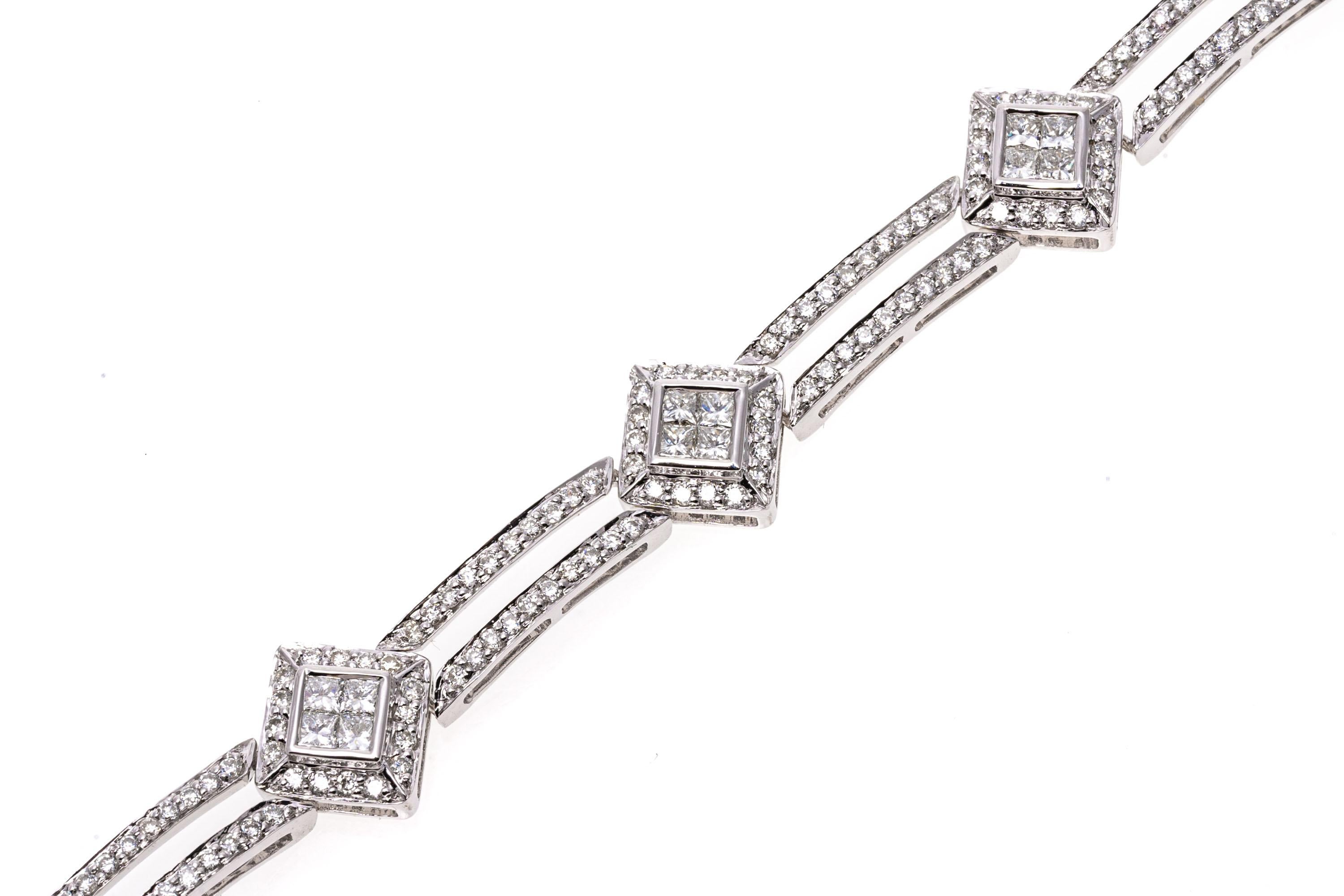 18k white gold bracelet. This stylish white gold bracelet features a double row line of prong set, round faceted diamonds, punctuated with alternating stations of bezel set quadrants of princess cut diamonds, surrounded by a prong set round faceted