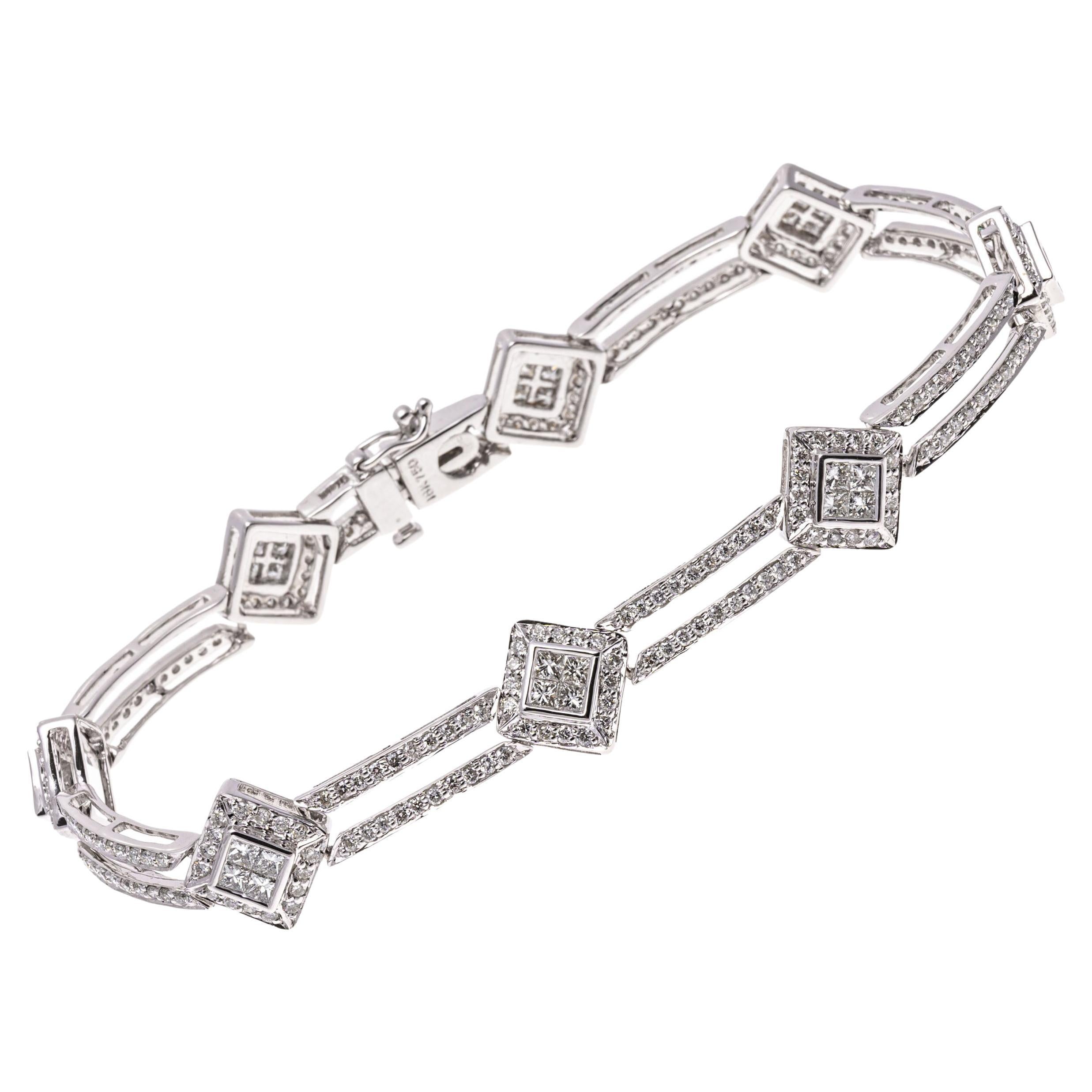 Bracelet à double ligne en or 18 carats avec diamants ronds et taille princesse, environ 1,64 carat