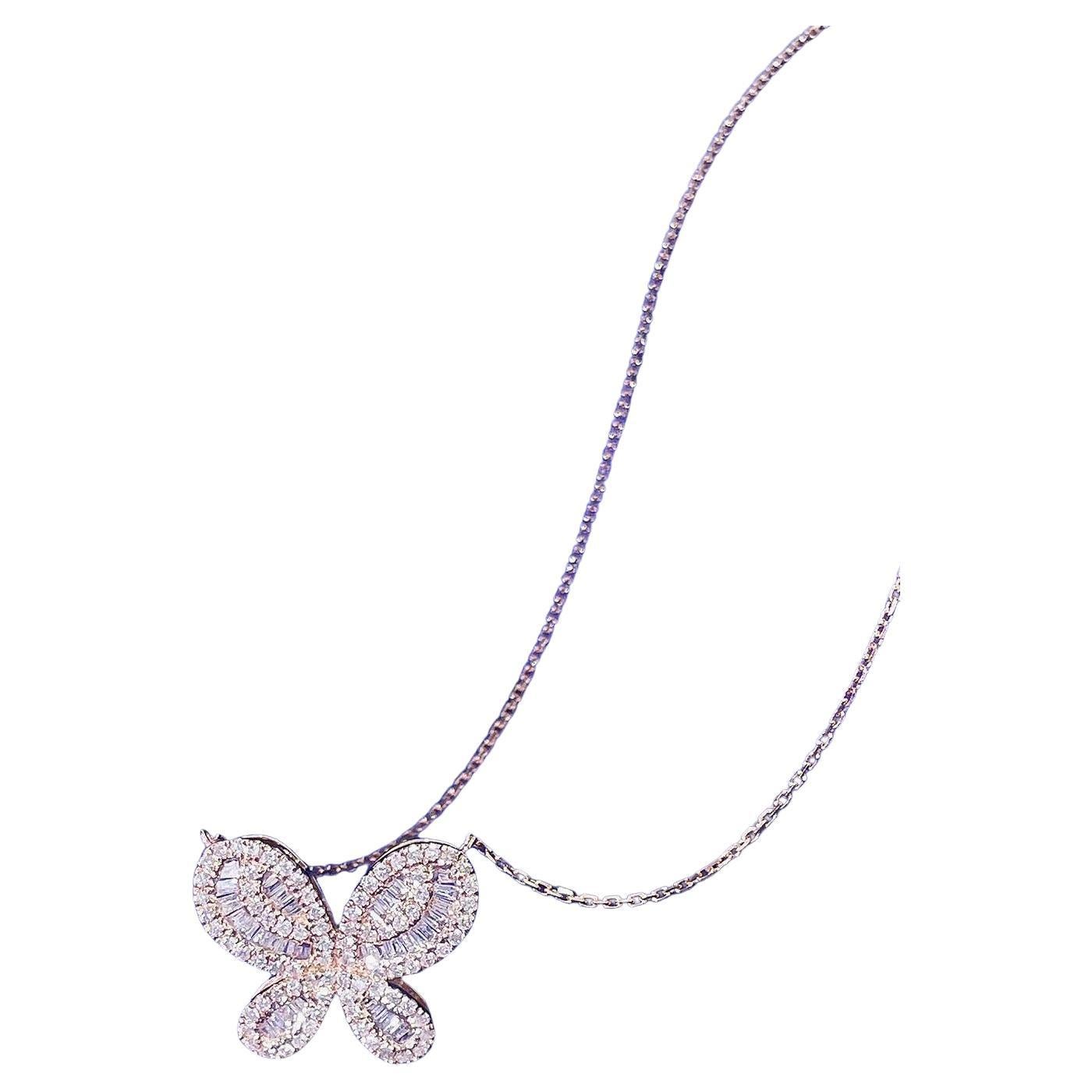 18K Gold Round and Tapered Diamond Butterfly Necklace