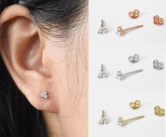 18K Gold Round Cut Diamond Trio Tiny Stud Earrings Tiny Cluster Stud Earrings