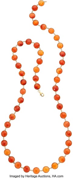 18k Gold Round-Shaped Faceted Carnelian Necklace 34" 78.6 grams
