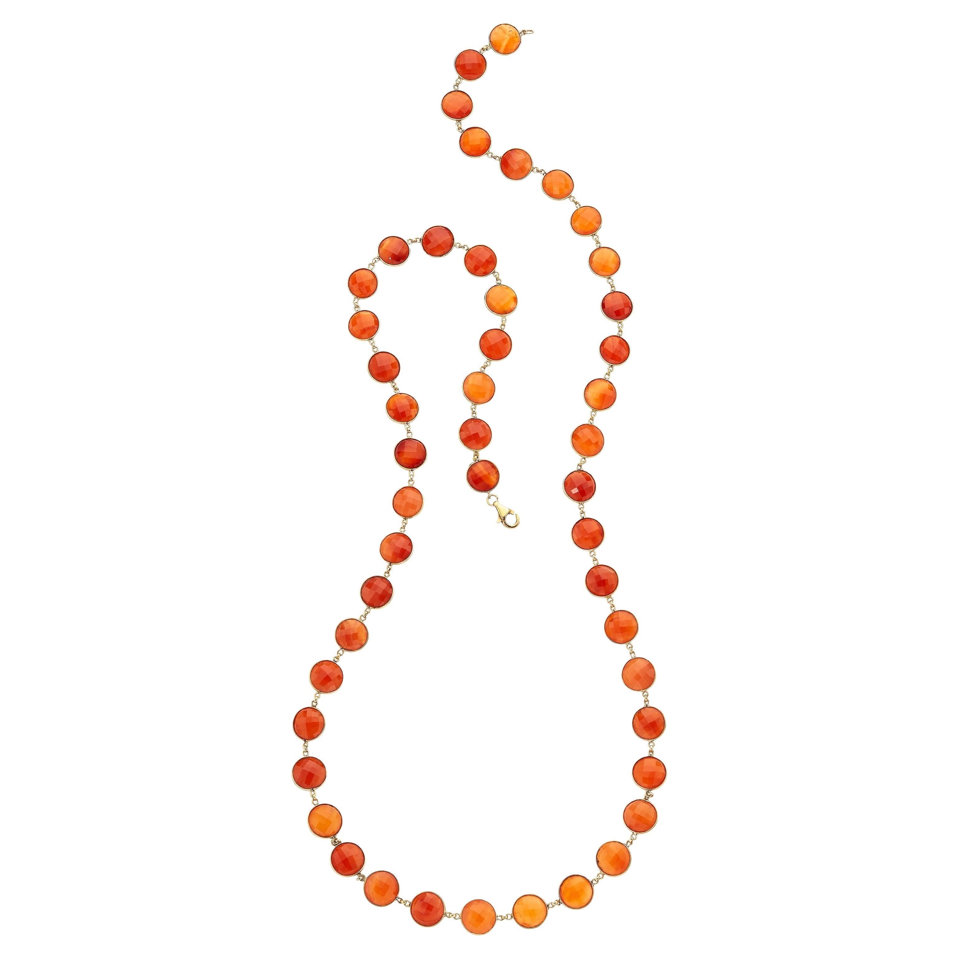 Collana in oro 18k con corniola sfaccettata a forma rotonda da 34" 78,6 grammi in vendita