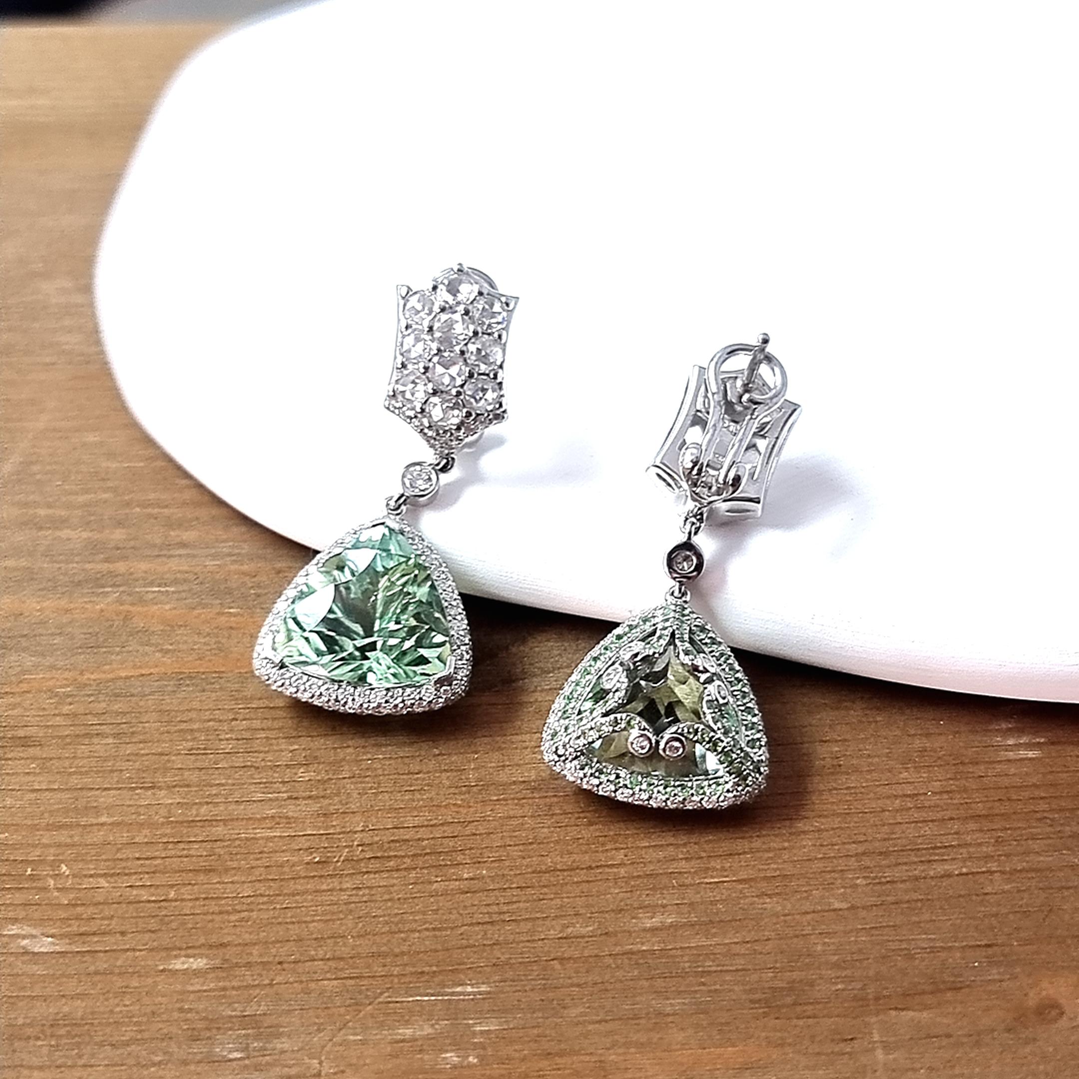 Trillion Cut 18K Gold Royal Mint Earrings with Diamonds, Tsavorites and Tourmalines For Sale