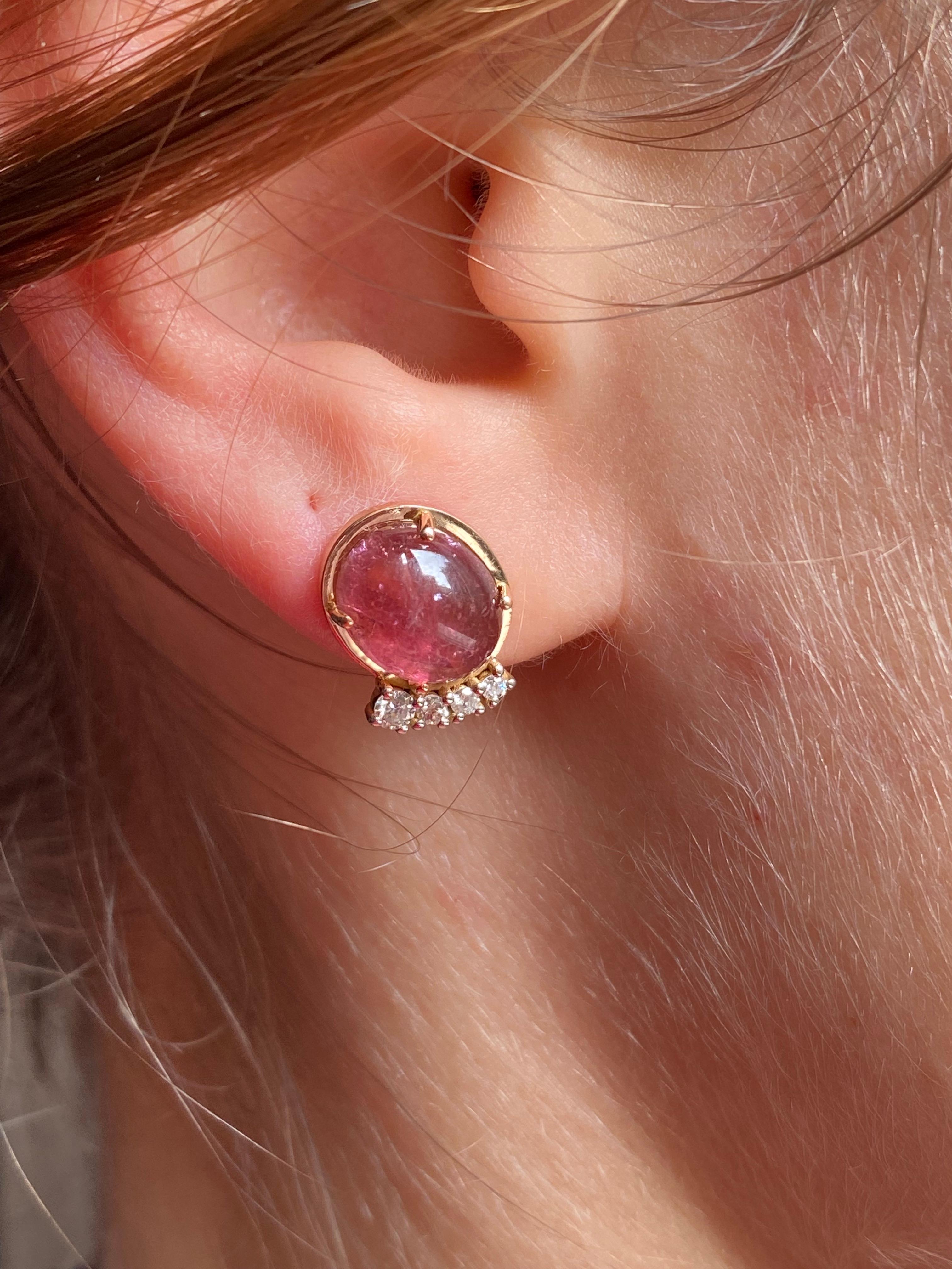 Rossella Ugolini Design Collection Stunning 18 Karat Rose Gold 0.22 Carats White Diamonds and aprox . 6 Carats Rubelite Stud Design Earring Handcrafted in Italy . 
The central stone is made of a Rubelite Oval Cabochon cut, a precious stone with
