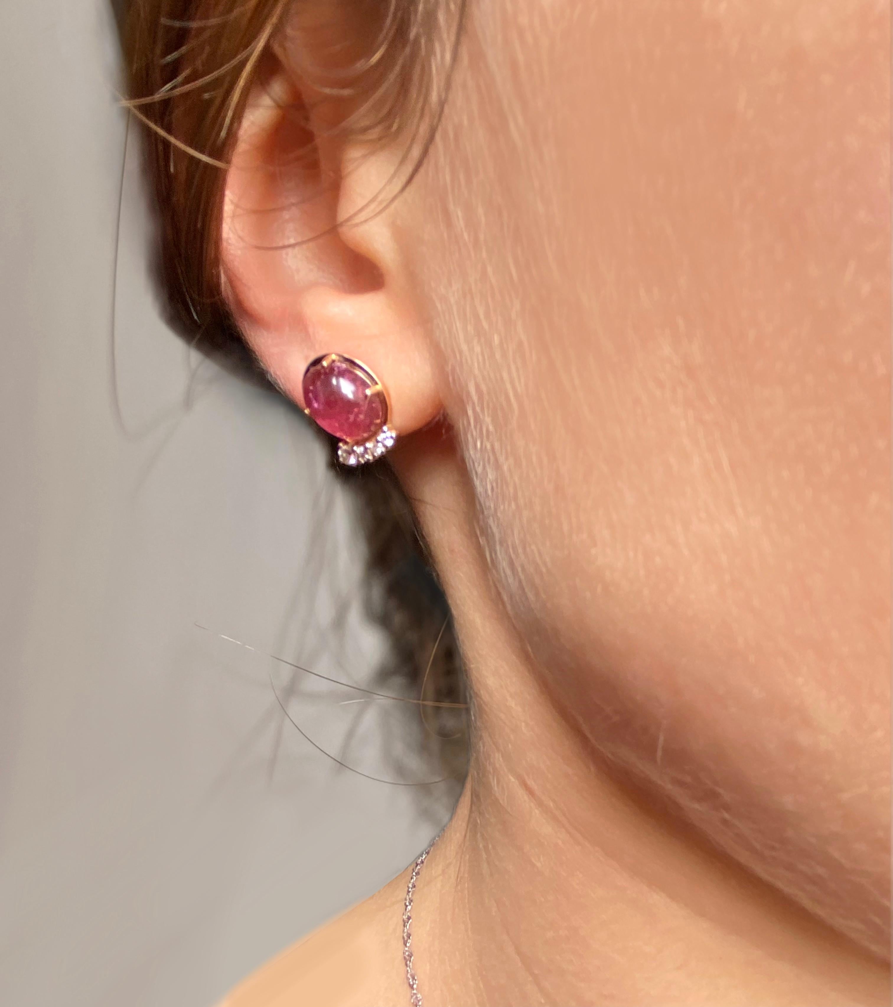 Modern 18k Gold Rubelite 0.22 Carats White Diamonds Handcrafted Stud Design Earring For Sale