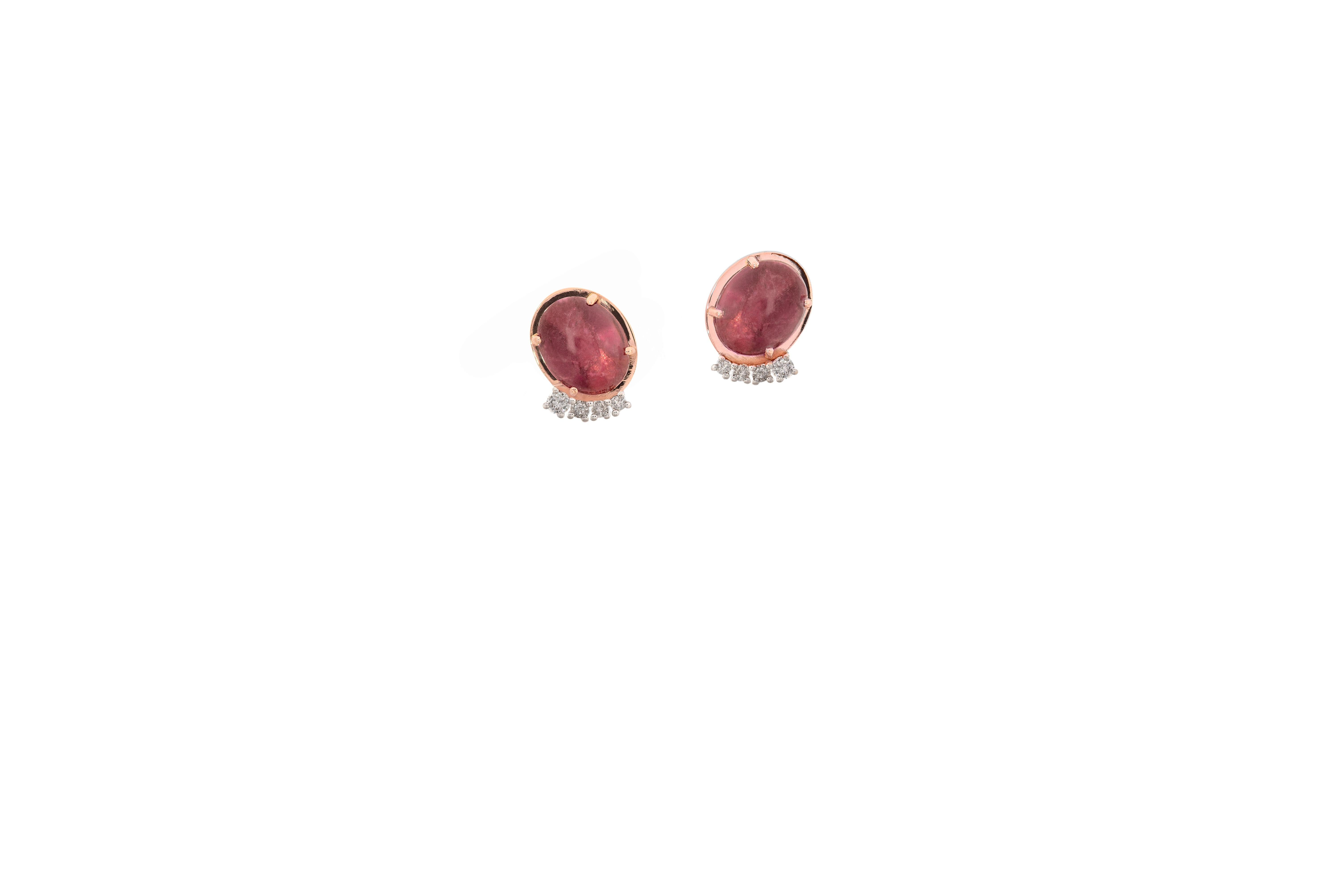 18k Gold Rubelite 0.22 Carats White Diamonds Handcrafted Stud Design Earring For Sale 1