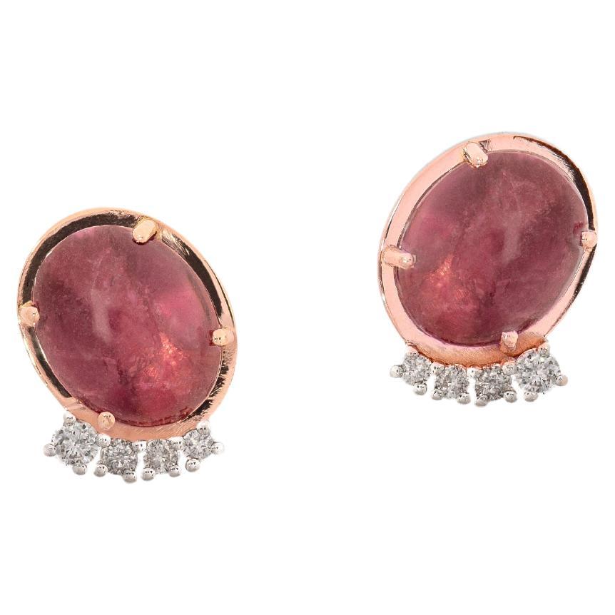 18k Gold Rubelite 0.22 Carats White Diamonds Handcrafted Stud Design Earring For Sale