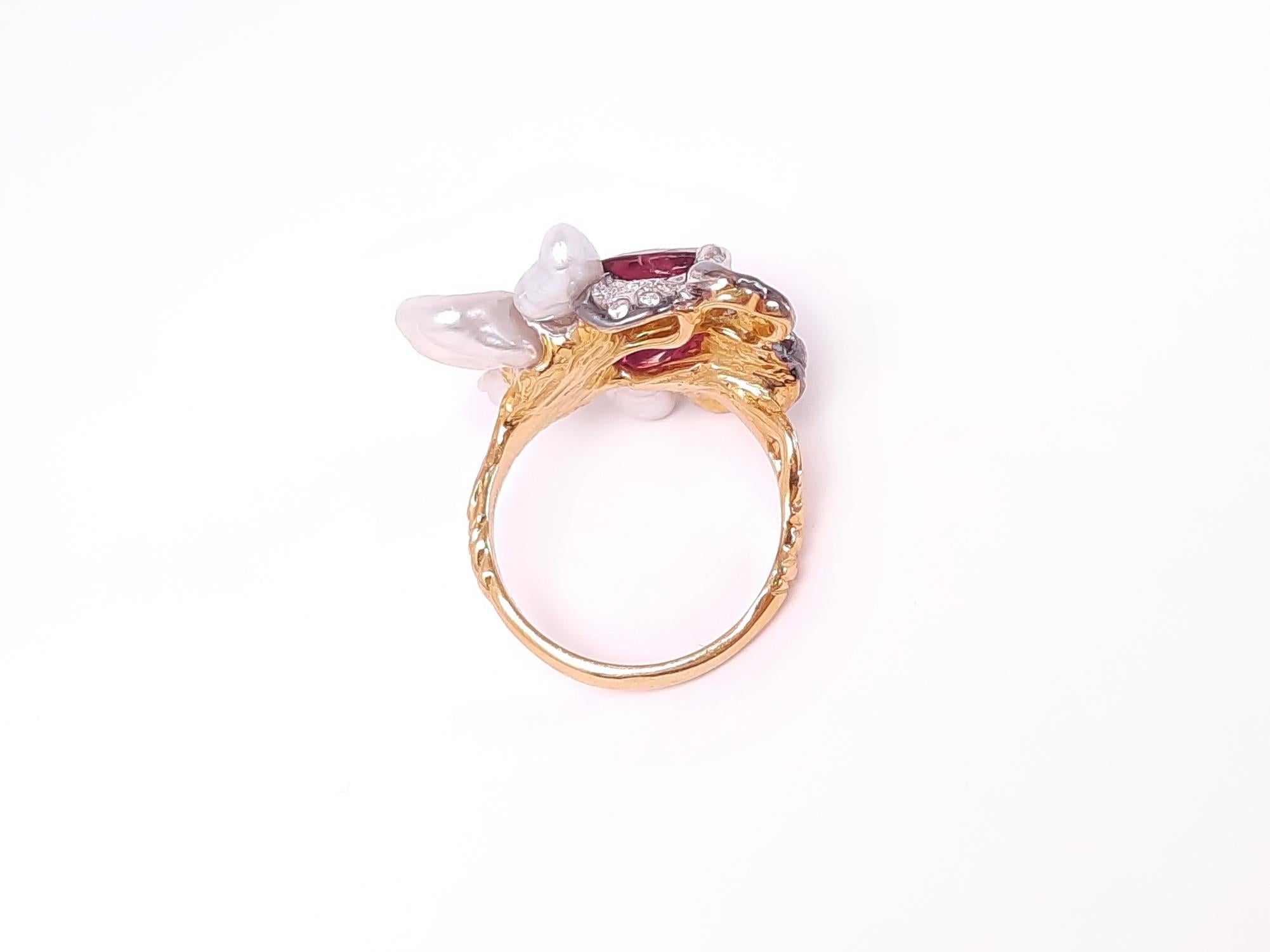 Contemporary 18K Gold Rubellite Diamond Keshi Pearl Handmade Ring by MOISEIKIN For Sale