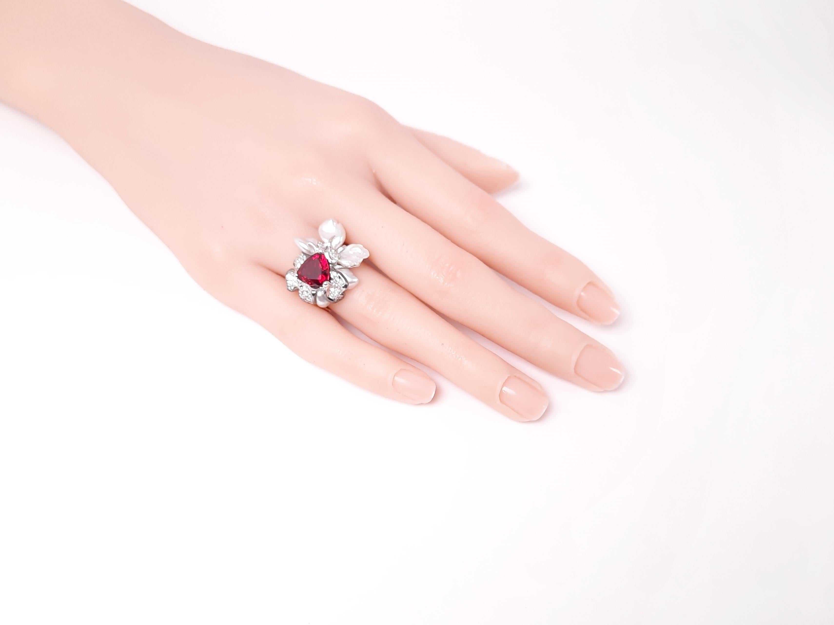 Trillion Cut 18K Gold Rubellite Diamond Keshi Pearl Handmade Ring by MOISEIKIN For Sale