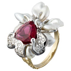 MOISEIKIN Bague faite à la main en or 18 carats, rubellite, diamant et perle Keshi