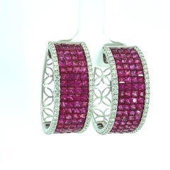 18k Gold Ruby 4.5ct & Diamond 0.62ct Hoop Earrings 16.8g
