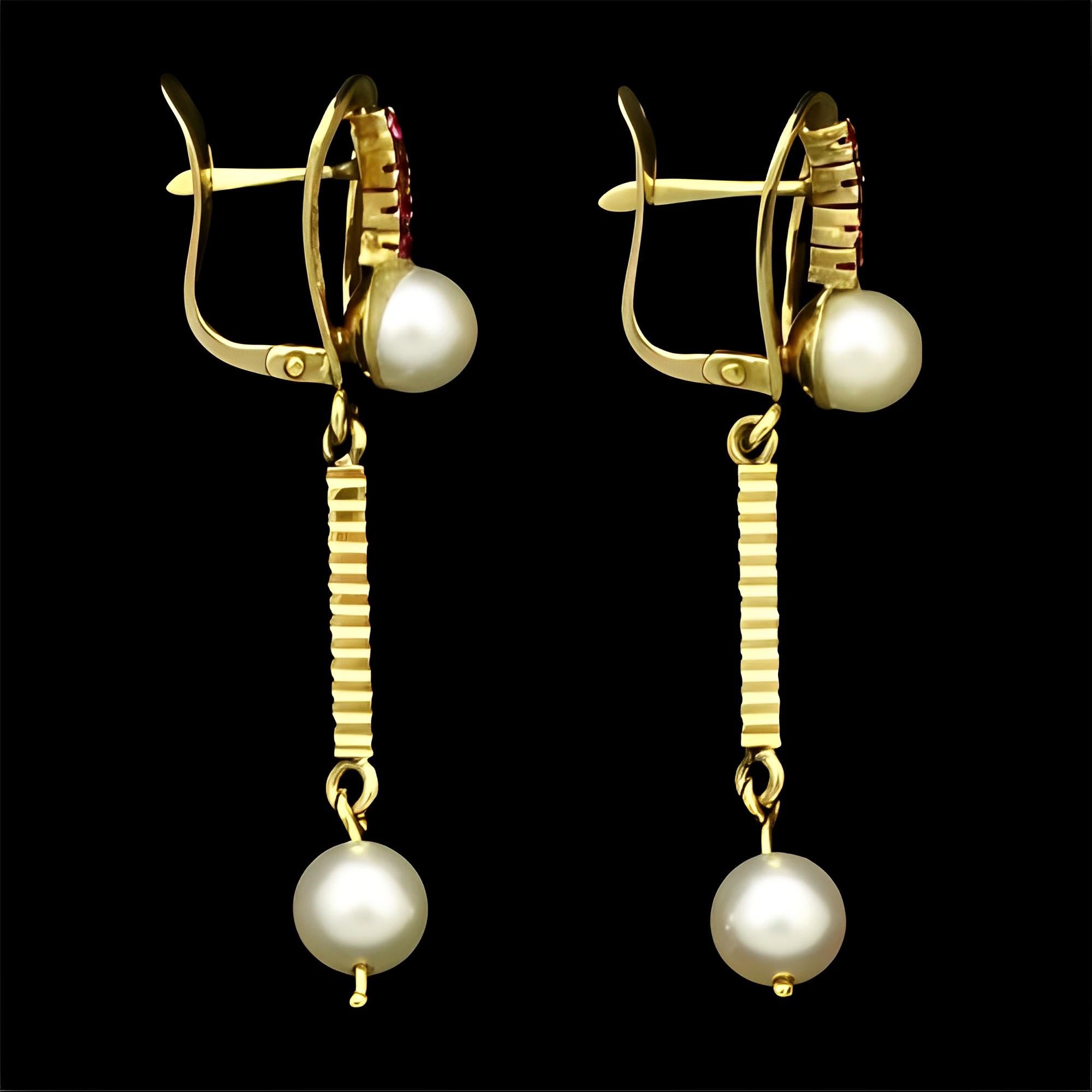 18K Gold Ruby and Cultured Pearl Drop Earrings circa 1970s For Sale 5