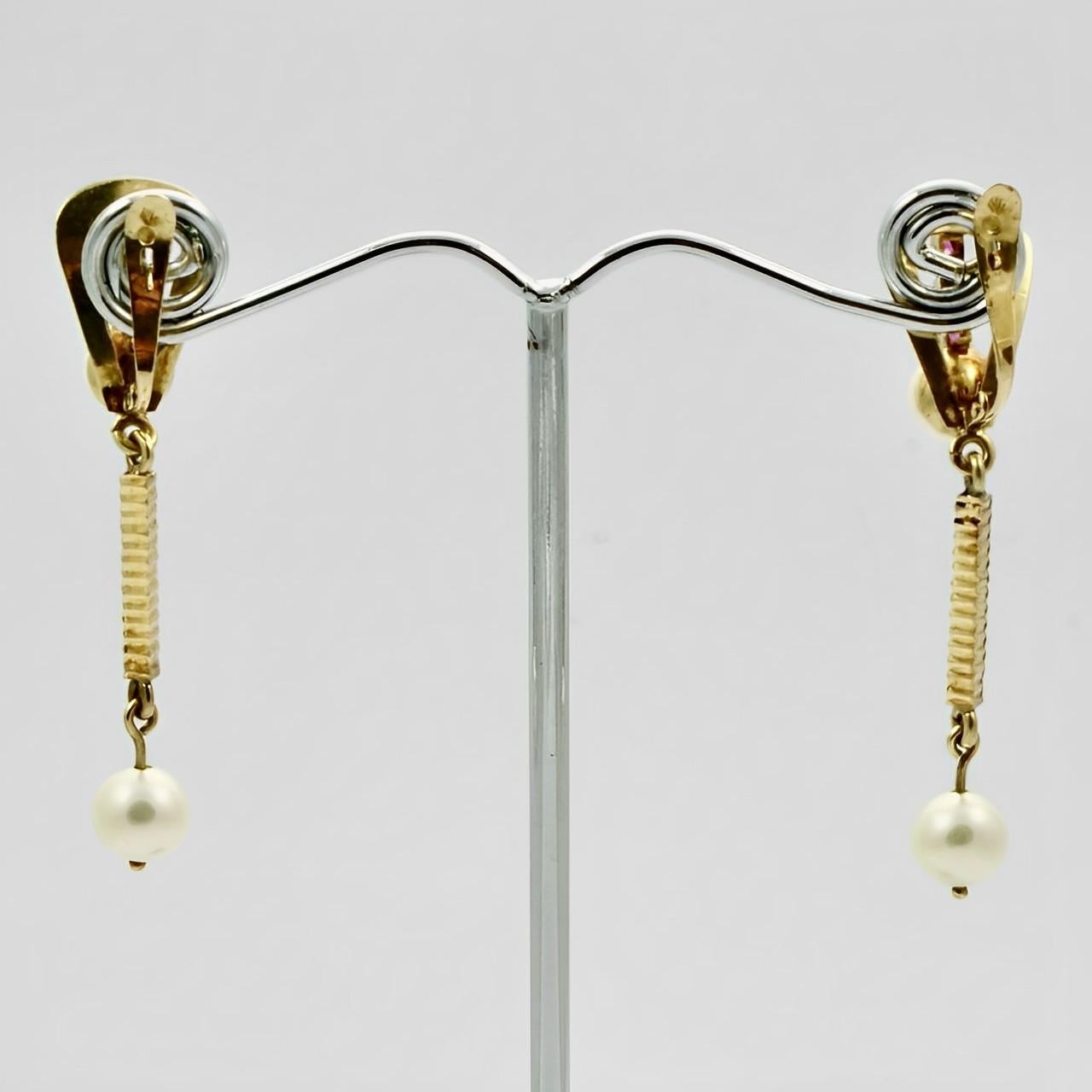 18K Gold Ruby and Cultured Pearl Drop Earrings circa 1970s For Sale 4