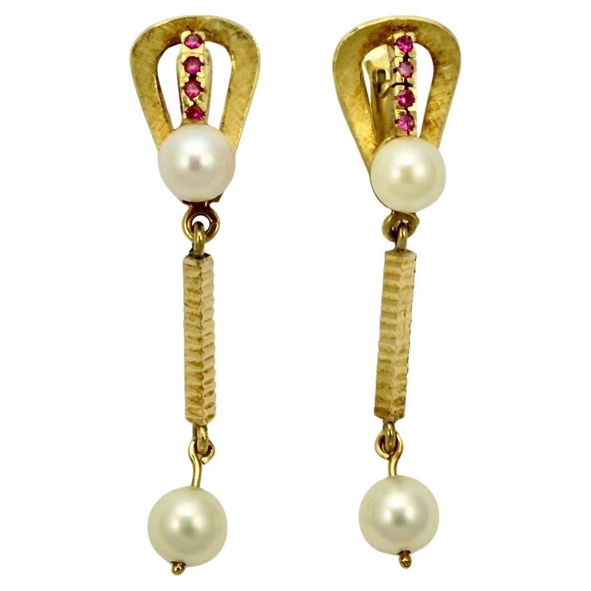 18K Gold Ruby and Cultured Pearl Drop Earrings circa 1970s For Sale