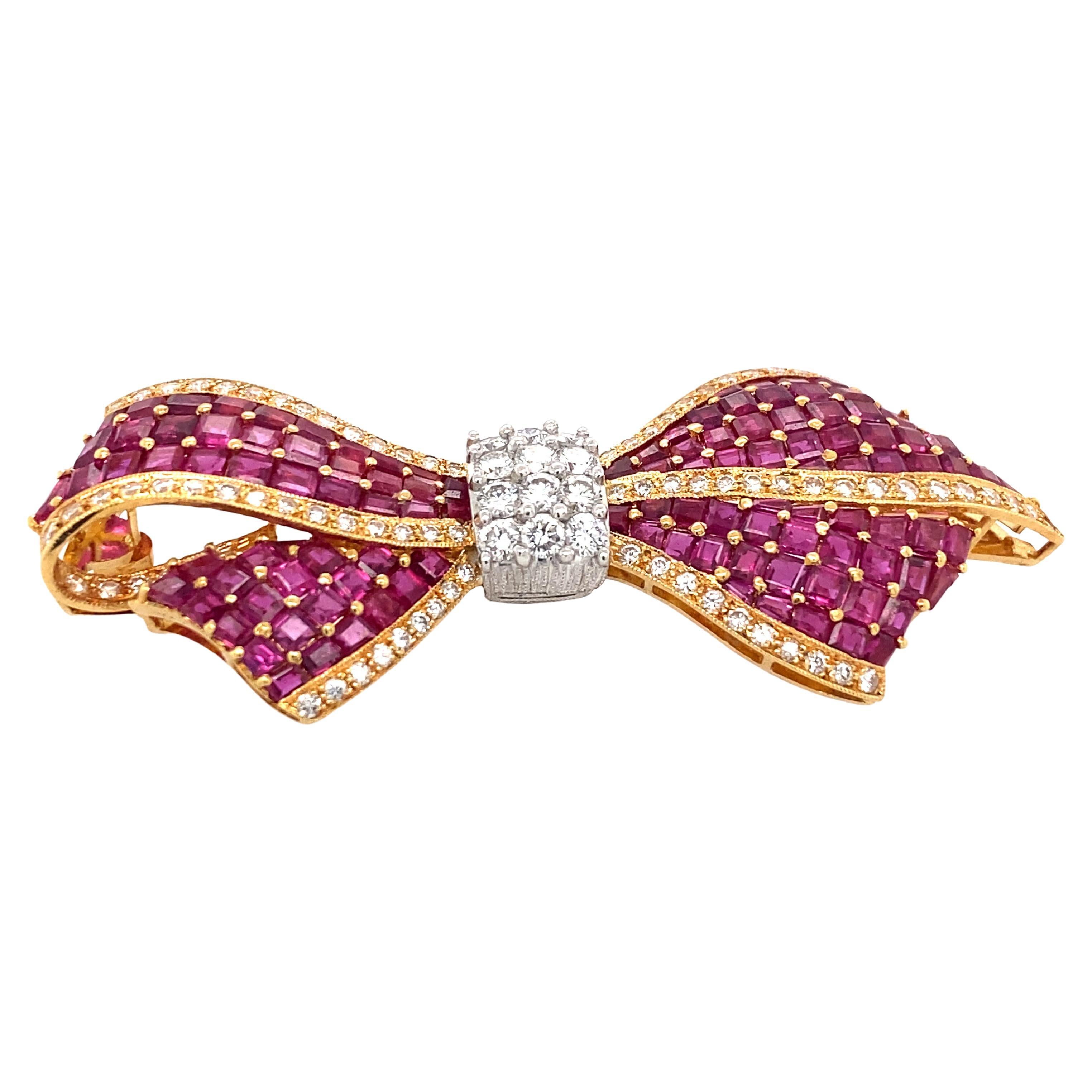 Oscar Heyman 18k Gold Ruby and Diamond Bow Brooch For Sale