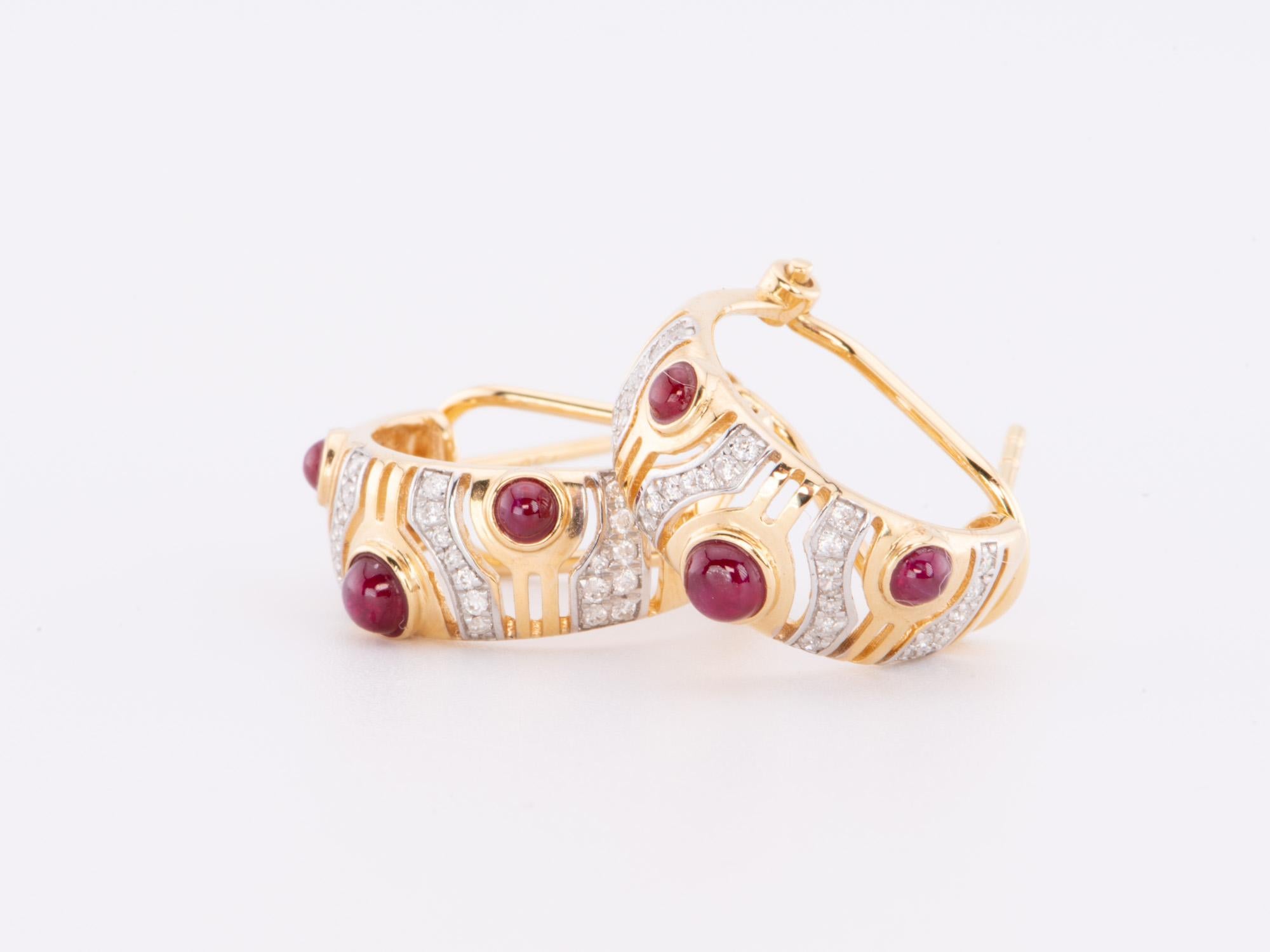 18K Gold Ruby and Diamond Designer Earrings with Omega Clip Backing R3207 In New Condition For Sale In Osprey, FL